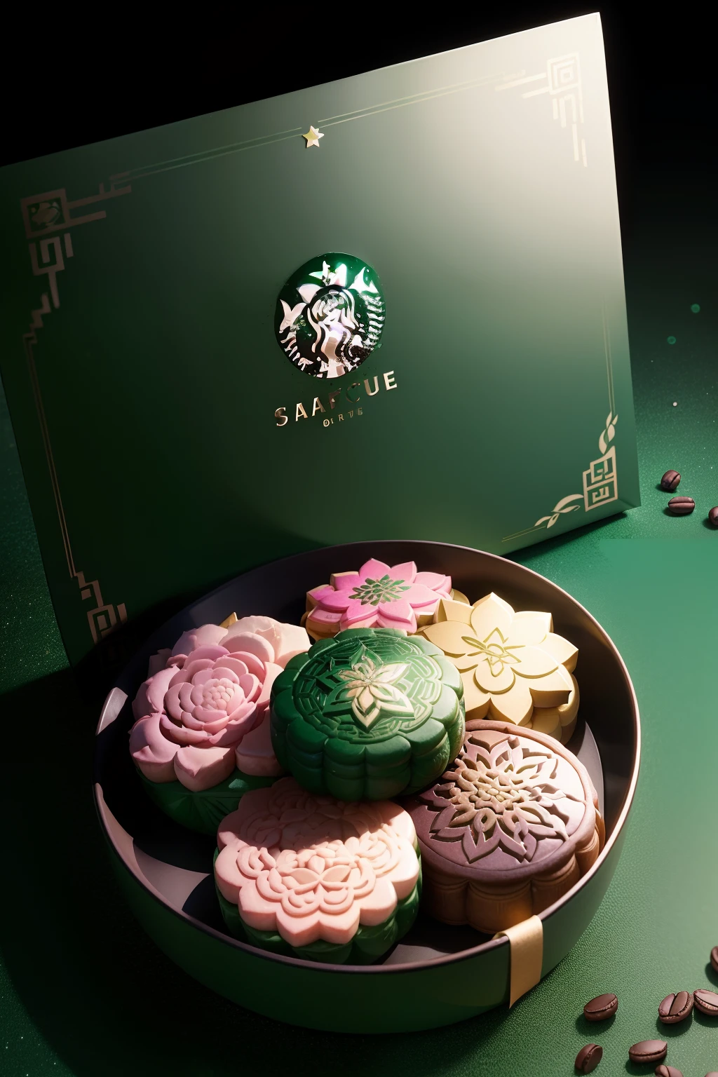 Dark green background，Pink mooncakes，Tanabata theme elements，Very luxurious mooncake packaging，Sprinkled with coffee beans，Starbucks packages mooncakes，Starbucks logo，Green background，photorealestic，Realiy，Creative photography，Expensive appearance，incredulous