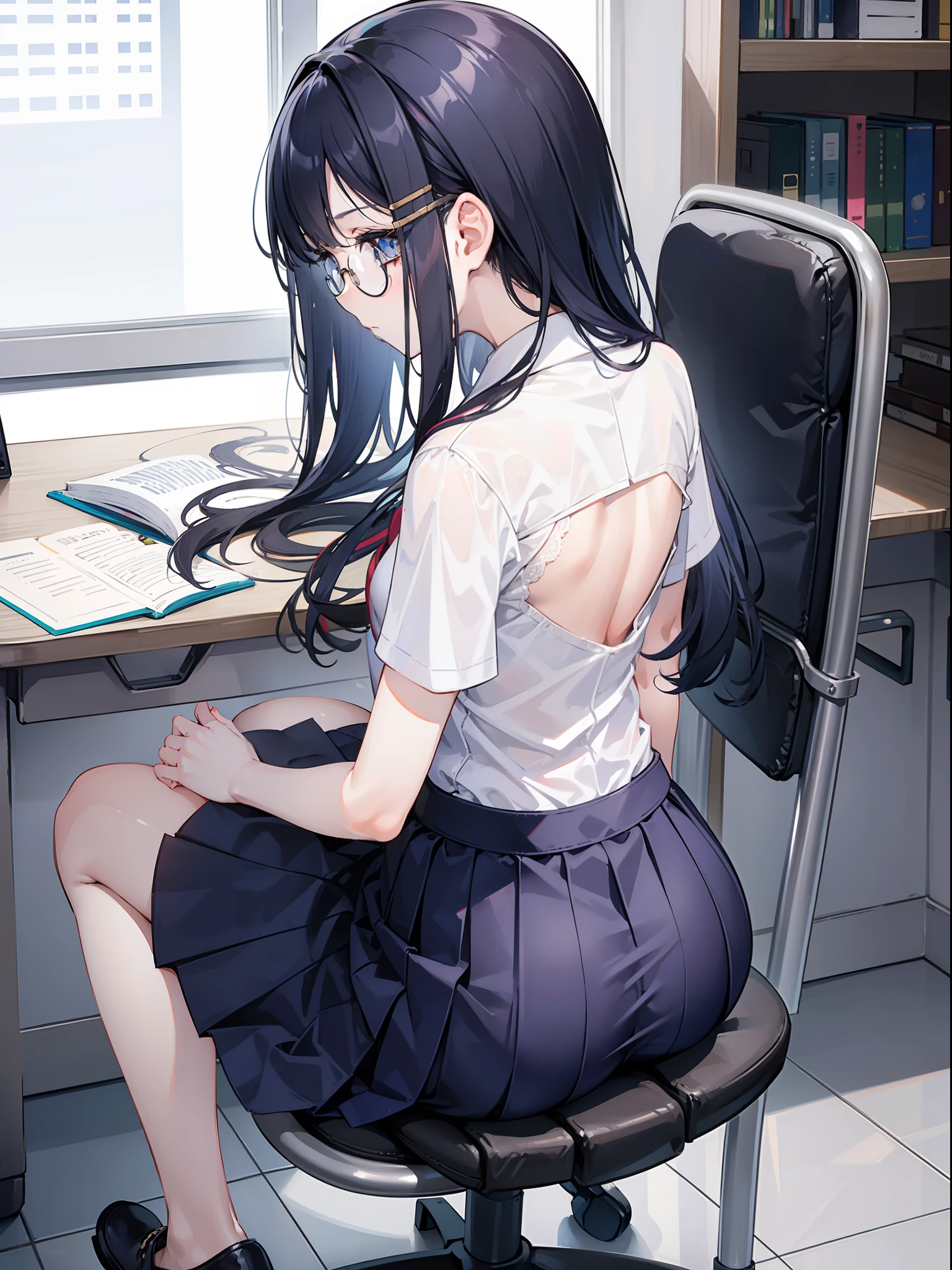 1girl, Back view, skirt, sit on chair, small chair, navy hair, long curvy hair, big round glasses, pretty, no expression, flat expression, limp face, school chair, ass form