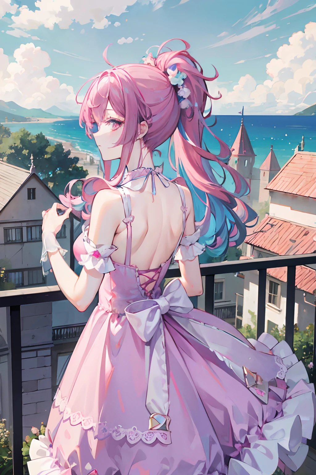 Balcony view , castle in back ground ,1girl , blue and pink hair , candy in hair , candy dress , (back view show full body) , sparkling eyes , sunsuet , looking at viewr , exsposed back , clouds , pink eyes , detalied eyes , pink shows , striped lace stockings, puffy dress , ta dress