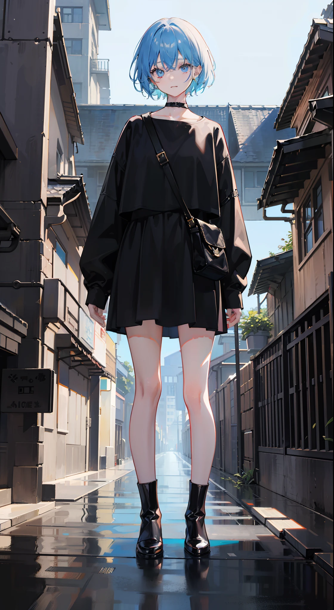 hightquality、masutepiece、Standing picture、１girl with、full body Esbian、Light light blue hair、short-hair、Colored Sunglasses、happy facial expression、Simple black outfit、Very simple clothes、wearing black boots、facing front、simple background、White background、Daylighting from the front、Everything from head to foot、