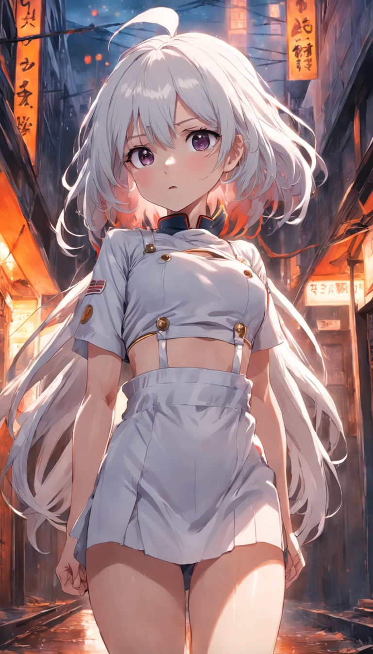 White-haired girl， apron，confront，legs are open，small boobs，Unoccluded，Squat at home，did not wear panties，did not wear underwear，The whole body was wet，