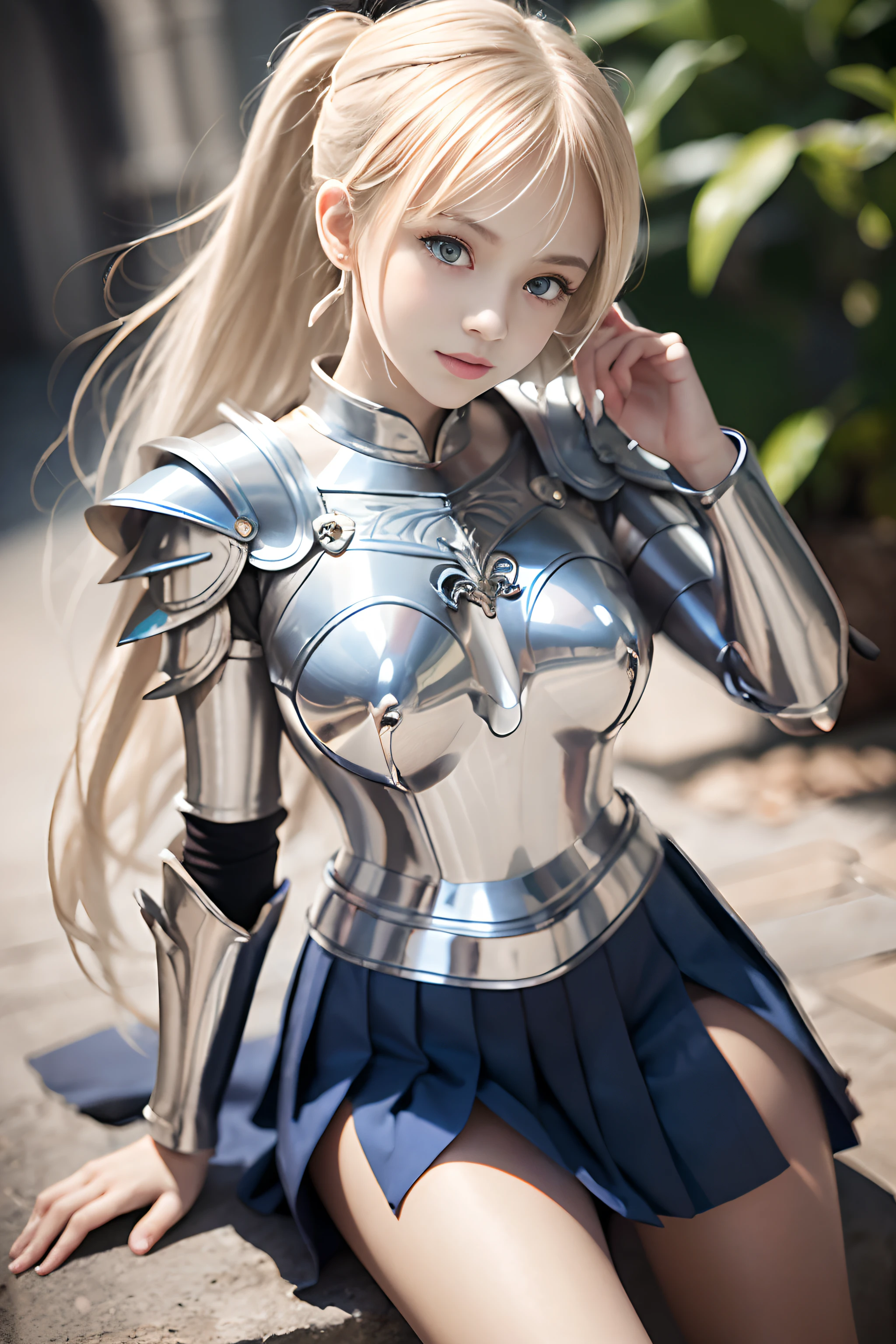 bright expression、poneyTail、Young shiny shiny white shiny skin、Best Looks、Blonde reflected light、Platinum blonde hair with dazzling highlights、shiny light hair,、Super long silky straight hair、Beautiful bangs that shine、Glowing crystal clear attractive big blue eyes、Very beautiful nice cute 16 year old girl、Lush bust,Beautiful detailed eyes, beautiful detailed nose,(( Full body:1.25)),Makeup that the eyes emphasize、((Pleated skirt with many folds:1.3)),(Women like Joan of Arc:1.3)、(s Armor:1.3)、Knights, (With a sword and shield:1.2)，Royal style，Comic style, , Sub-surface scattering, ornate detail, nature backdrop, Hyper-realistic, Cinematic, Dramatic Lighting, masutepiece、(Decorated armor)、(Wearing an aura:1.5)、circlet