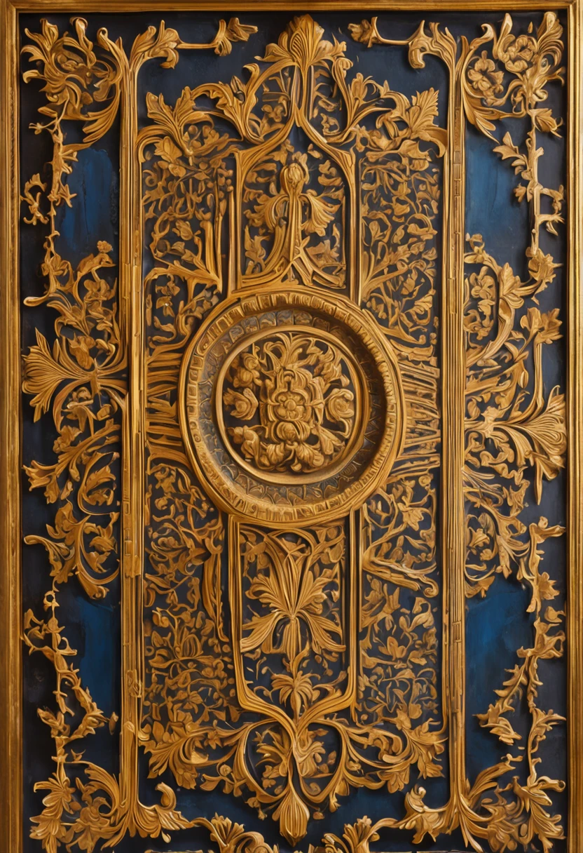 Vintage Illustration, golden ornamnet, dark blue, Ancient ornamental illustration, 12 century, 1000ad, ancient ornament border, extremely detailed, rustic, 8k, 16k, amazing resolution, extremely sharp, detail, masterpiece