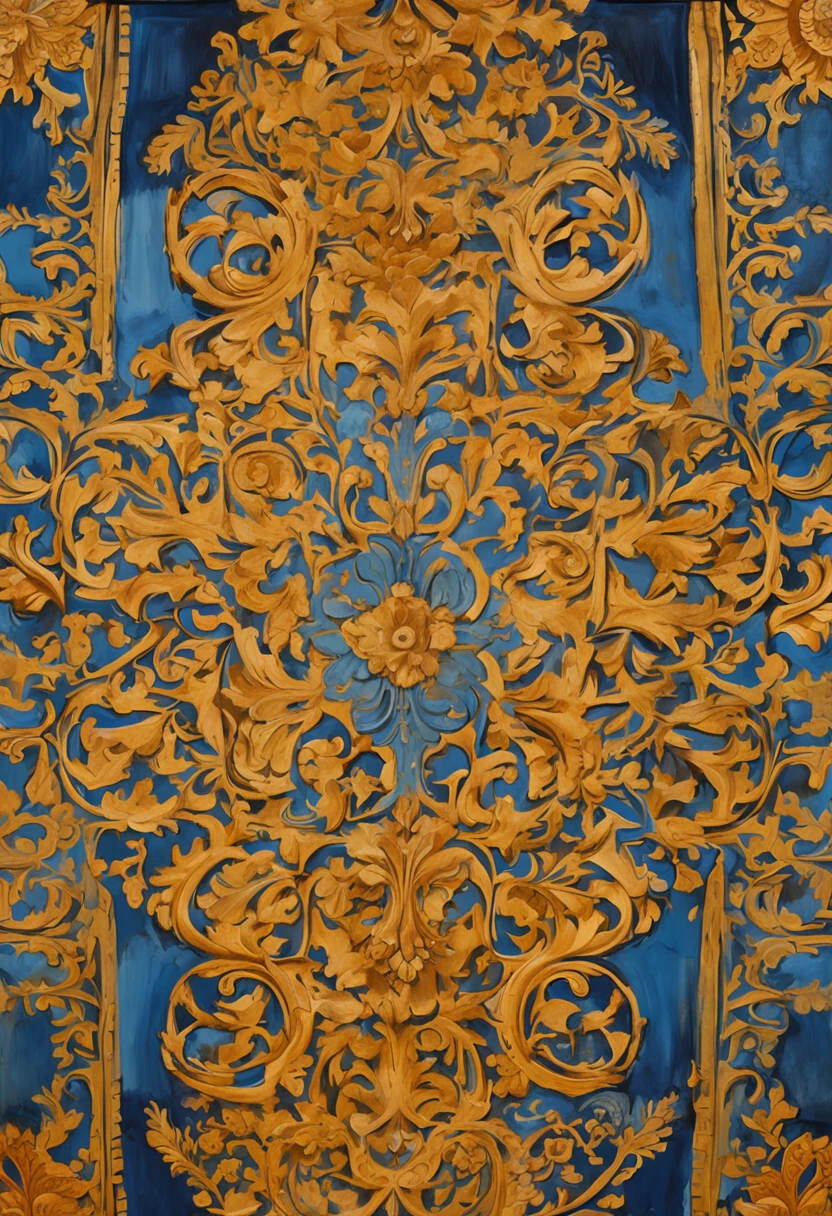 Vintage Illustration, golden ornamnet, dark blue, Ancient ornamental illustration, 12 century, 1000ad, ancient ornament border,  extremely detailed, rustic, 8k, 16k, amazing resolution, extremely sharp, detail, masterpiece