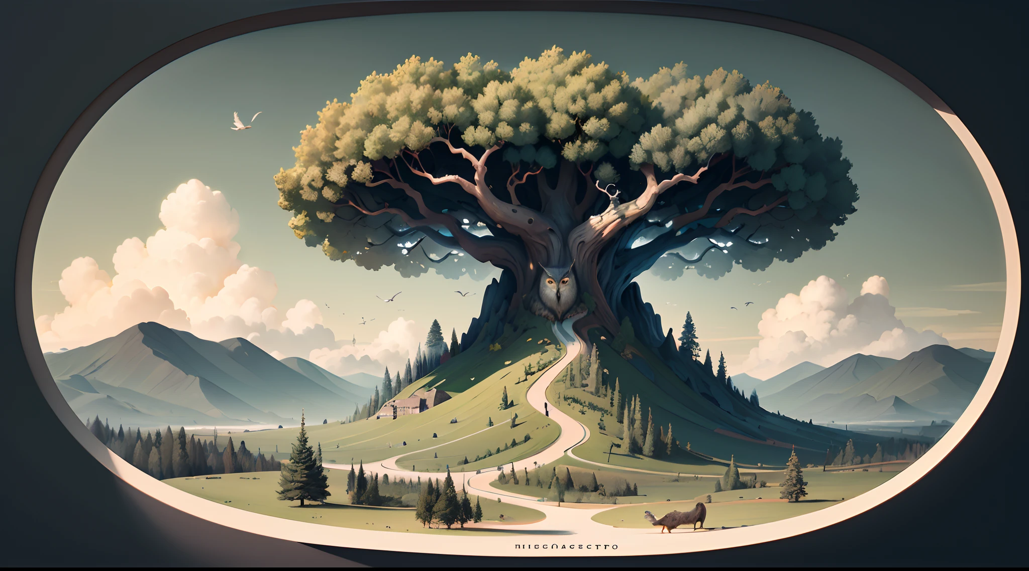 ((Masterpiece)), (Daytime landscape with empty middle two-thirds), Tree-lined landscape, Overcast sky, Subdued colors, Collage effect, Incorporate a digital painting of a tree with an owl on it.