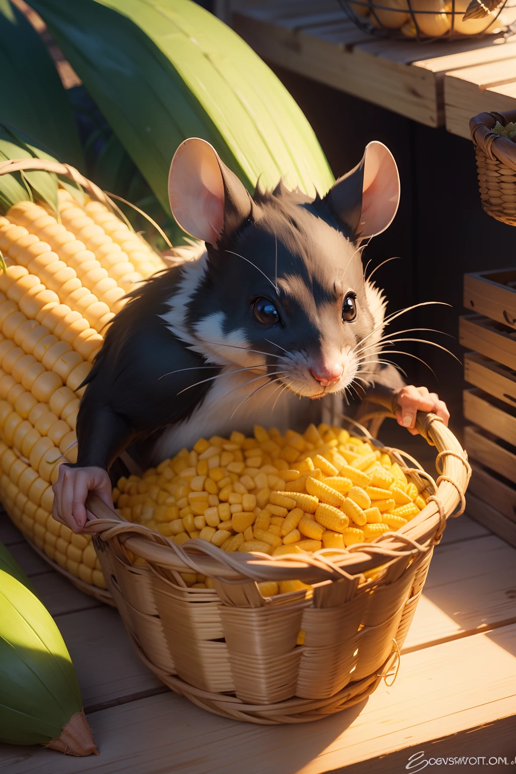 The greedy rat saw a basket full of corn