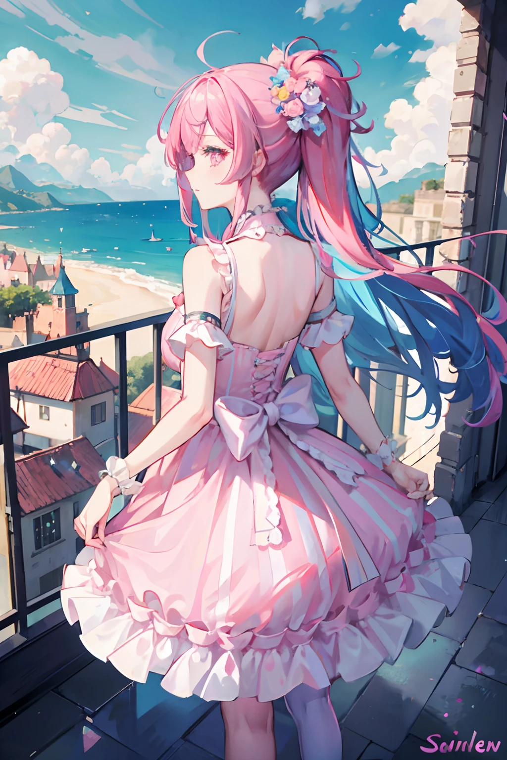 Balcony view , castle in back ground ,1girl , blue and pink hair , candy in hair , candy dress , (back view show full body) , sparkling eyes , sunsuet , looking at viewr , exsposed back , clouds , pink eyes , detalied eyes , pink shows , striped lace stockings, puffy dress , lolita dress