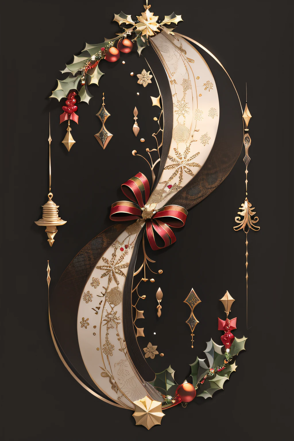Close-up of Christmas letter with ribbons and decorations, decor, hight decorated, elegant and ornate, Ribbons and flowers, lavishly decorated, ornamental bow, ornate and elegant, Decorative ornaments, very ornamented, laces and ribbons, detailed ornaments, Ultra-fine line decoration, 8K!!, There are a lot of thin decorations, made with illustrator