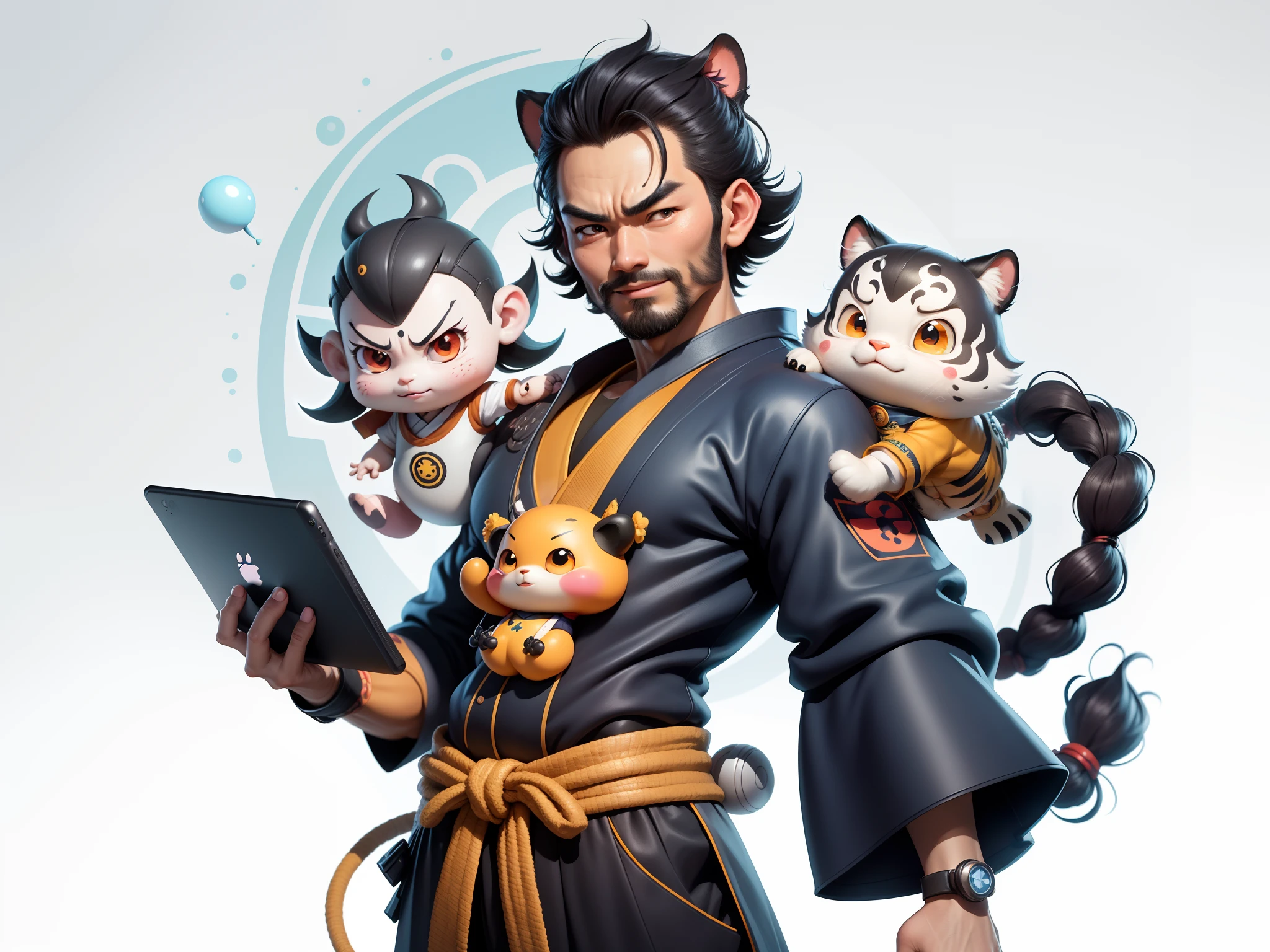 (Daisaku),(Need),(Super meticulous),(full bodyesbian:1.2),Super young man with Japanese geisha,Beautiful,orient,one tiger,Aeolian Thor,Raised sexy,爆乳,Oriental face,TV Anchor,Bust portrait illustration,In black suit,a blue tie,The face is slightly chubby,The face was clean,without a beard,Black super short hair,Black eyes,Smile confidently,3C computer sub-products,iPad, iphone,Digital painting,3D character design by Mark Clairen and Pixar and Hayao Miyazaki and Akira Toriyama,The illustration is a high-definition illustration in 4K resolution,With very detailed facial features and cartoon-style visuals。