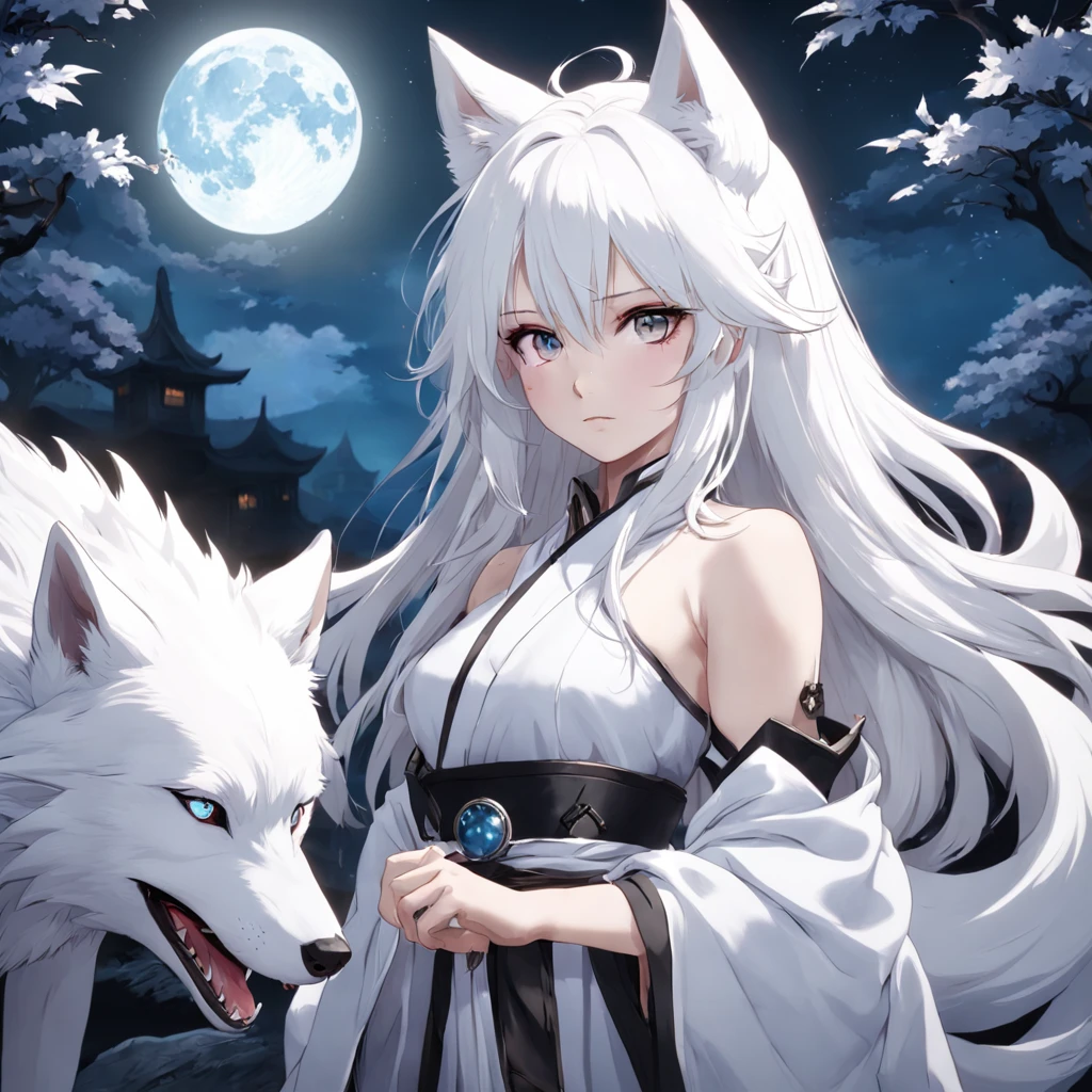 Anime character with white hair and white wolf before the full moon, by Yang J, fantasy fox love, White-haired fox, white fox anime, Anime fantasy illustration, White fox, art of silverfox,Best quality, Masterpiece, 超高分辨率, (photograph realistic:1.4), ultra-realistic realism, Dream-like,fusionart, Shadowdancer, shadow magic, darkness control, stealth, shadowstep, umbral spells,