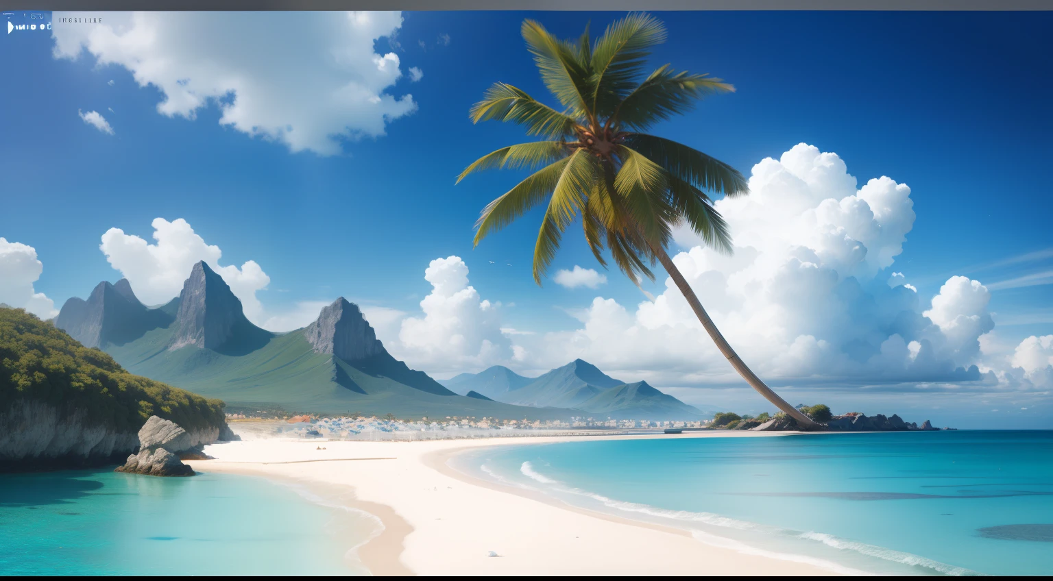 Summer, seaside, island, clear water, blue gradient water, transparent water, island, coconut palm, paradise, large clouds, blue sky, hot weather, HD detail, hyper-detail, cinematic, surrealism, soft light, deep field focus bokeh, distant snow mountains, ray tracing, and surrealism. --v 6