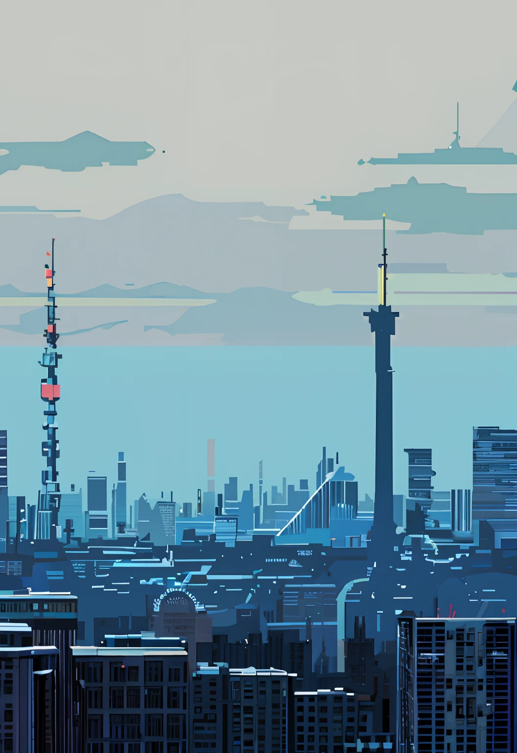 2-bit pixel art,urban skyline,Long view background - AR 2:1