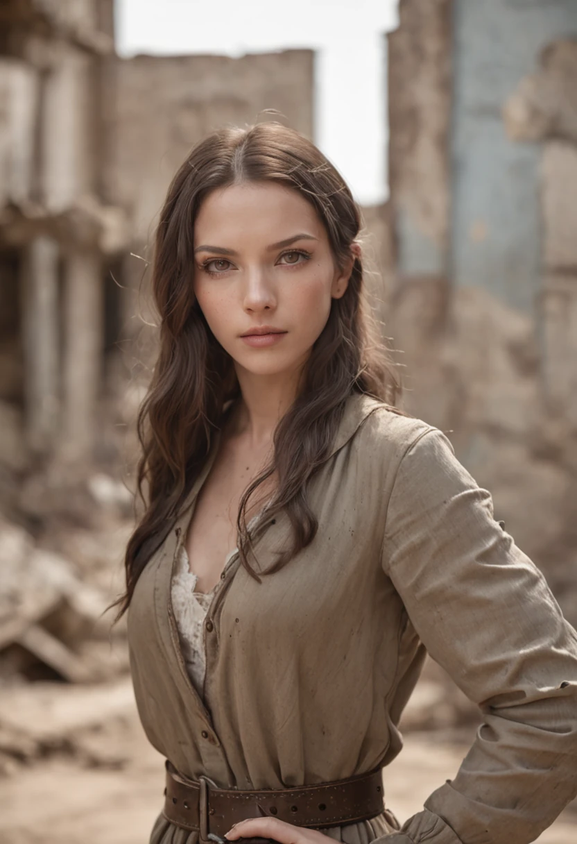 beautiful amazon girl in an abandoned city looks at the camera