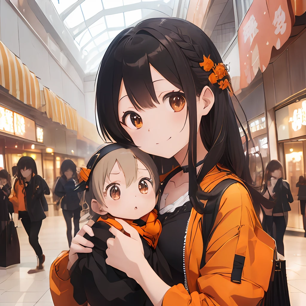 (masutepiece, Best Quality, Capture super cute moments, depth of fields, ultra-detailliert, Ultra High Resolution, C4D, Octadale, 3D Modeling, 8K, one girls、25-years old、A dark-haired、straight haired、Light brown eyes,hair adornments、Orange outerwear、Black pants、(ssmile)、(Holding a )、(Shopping Center、Being in the food court)、