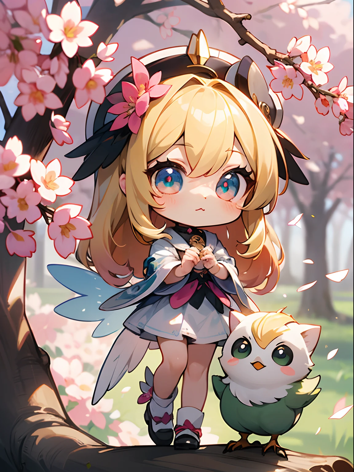 tchibi: 1.3) (tmasterpiece: 1.4), (best qualityer: 1.4), (Very cute angel girl, Super detailed face, gem-like eyes, The blonde hair is too long, Colorful gradient hair: 1.1), (Bird wings: 1.1), Bird wings:), (Mini full body, 2 perfect arms, 2 perfect legs: 1.1), (Perfect 4 fingers: 1 thumb), (chibi kawaii: 1.1), (Kawaii chibi: 1.1) (Chibi Chibi:1.1) (Bird chibi: 1:1) (Sublime nature,There are many flowers and bright: 1.1) (Magnificent plants: 1.1) a beautiful cherry blossom tree, Colorful cherry blossom trees, Lightweight, splendor, Bokeh, super-fine. (chibi chibi chibi:1.1), (chibi kawaii: 1.1), (Kawaii chibi), (chibi kawaii:1.1) (Kawaii Kawaii Kawaii Kawaii Chibi: 1.1) (Bird chibi: 1.1) (Bird kawaii: 1.1)