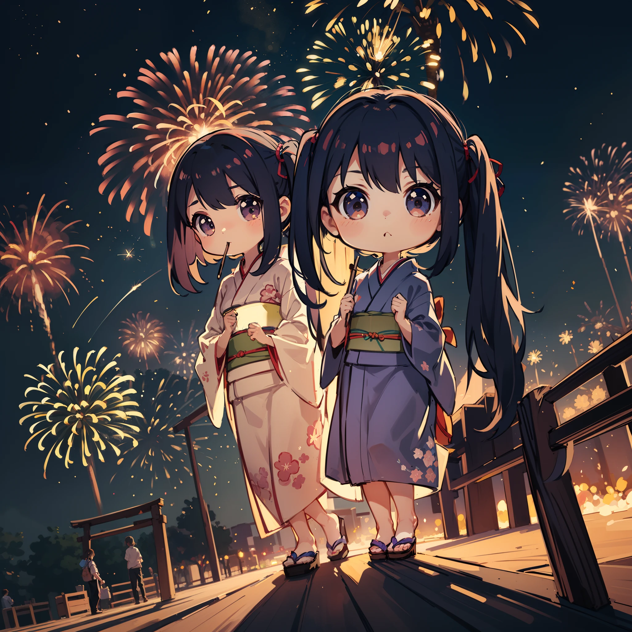 Chibi:1.8,Kimono,Girl in Yukata,Blowing in the wind,Summer Festivals,natta,food stand,Spirit Stream,Big Fireworks:1.7,Fireworks in the night sky:1.8,poneyTail,dutch angle shot,ground-level shot,low angle,full body shot,long shot,(masutepiece: 1.3), (exquisite detailing: 1.2), Delicate and beautiful details, (Eye Detail), (Facial Detailed), (Highest Quality) :1.4), (Hyper-Resolution: 1.2), (very detailed illustration),Best Quality,depth of fields, Wide light, natural shadows