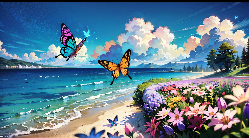 (Mono Color:0.9),(a color:1.1),(tmasterpiece:1,2), best qualtiy, tmasterpiece, High- sharpness, Original, extremelydetailedwallpaper,From the picture, We can see the trees on the shore towering into the clouds,The branches are full of flowers,Flocks of butterflies dance among the flowers,In this garden-like world,It looks even more beautiful and sacred,cinema shot