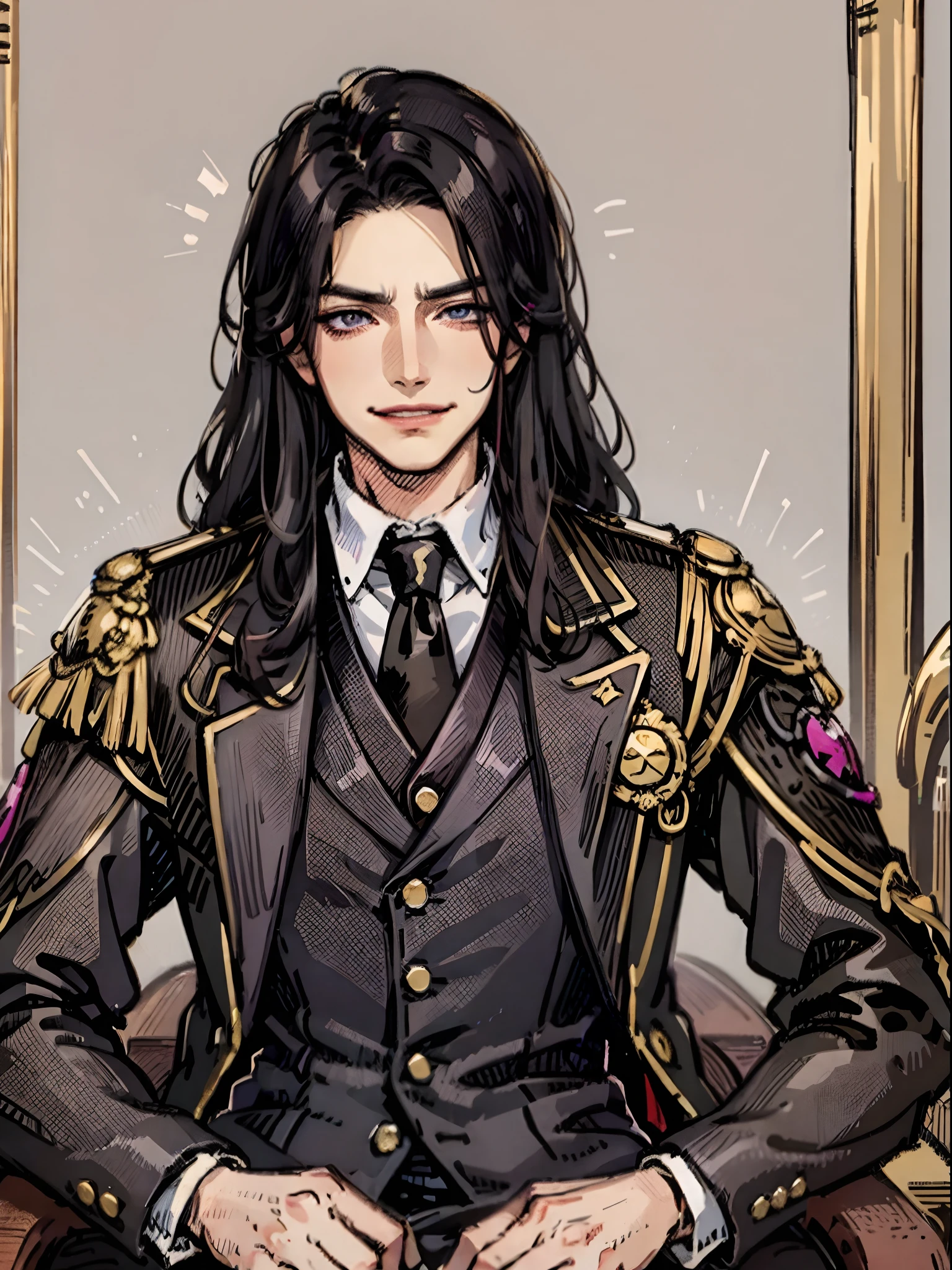 tmasterpiece, beste-Qualit, 1boy, aristocrat, portraite of a, upper-body, tailcoat, hairlong, black hair, smirk, stands, violet eyes, Correct anatomy,