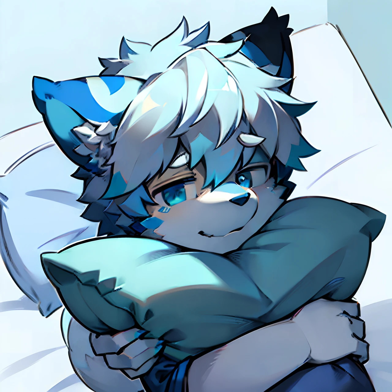 ((Solo)), charming scene of a (Furry furry) (o cachorrinho_Boy:1.5),，Just woke up in bed！！Just woke up in bed！！Just woke up in bed！！Q version！！Q version characters！！eyes with brightness，Gray hair，blue color eyes，Cute drawing style，high saturated！！Furry male wolf, Male orange peel, blue color eyes, Gray hair(The long），Lie down in bed，Pillow pattern，Full body photo