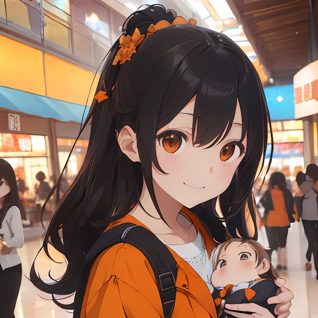 (masutepiece, Best Quality, Capture super cute moments, depth of fields, ultra-detailliert, Ultra High Resolution, C4D, Octadale, 3D Modeling, 8K, one girls、25-years old、A dark-haired、straight haired、Light brown eyes,hair adornments、Orange outerwear、Black pants、(ssmile)、(Holding a )、(Shopping Center、Being in the food court)、