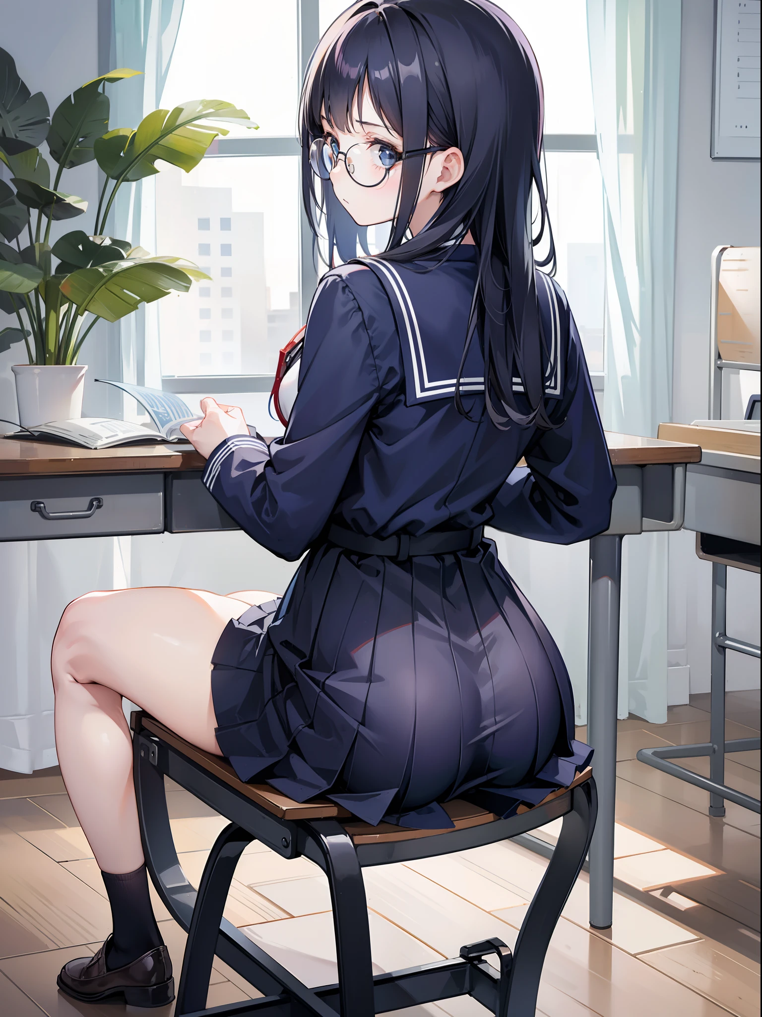 1girl, Back view, skirt, sit on chair, small chair, navy hair, long curvy hair, big round glasses, pretty, no expression, flat expression, limp face, school chair, ass form, low angle