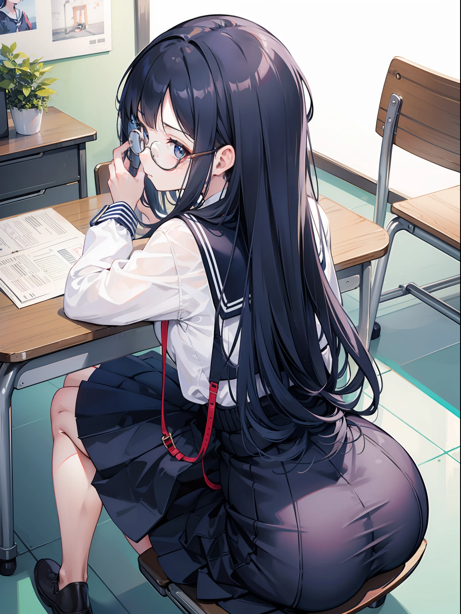 1girl, Back view, skirt, sit on chair, small chair, navy hair, long curvy hair, big round glasses, pretty, no expression, flat expression, limp face, school chair, ass form, low angle