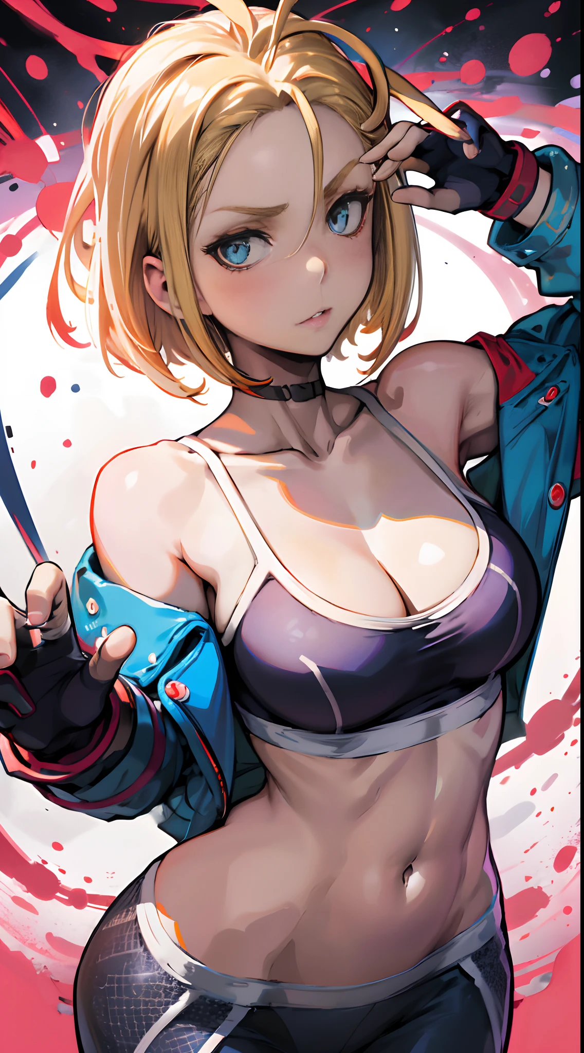 (8K, 4K, best qualtiy, A high resolution, 超A high resolution:1.1), (tmasterpiece, realisticlying, photo-realistic:1.1), cammy white, Street Fighter 61 girl, the face, closeup cleavage, double tails, blond hairbl, 黑The eye, Redlip, (looking at viewert:2), Medium hair, long eyelasher, shadowing, petty face, largeeyes, exposed bare shoulders, hight contrast,Large breasts
