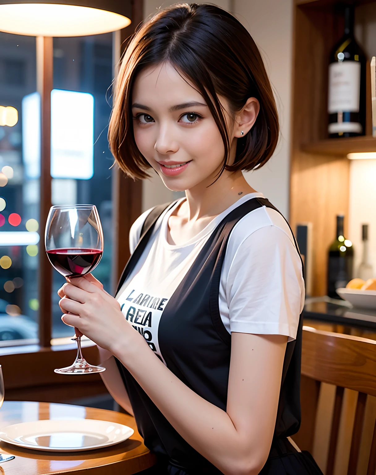 (hair, Ultra-high resolution, Highest quality, masterpiece: 1.2), (Realistic, photoRealistic: 1.37), Very detailed, 1 pretty woman, (slimな顔), (The body is slim), (Brown Hair), (Shortcuts), cheeks turn a little red, (Age 25), Age 25, alone, 窓の外の美しい詳細な都市のnight景, restaurant, wine glassが座る, nightに, NovaFrogStyle in a prominent place, actress, model, Upper Body, White wine, slim, wine glass, Super Clean night View, wine glass Put in the Middle, Happy smile, (smile: 1.15), Beautiful Eyes, Upper Body, Destroy Japan, night, short, short, actress, model, Upper Body, White wine, slim, wine glass, Super Clean night View, wine glass Put in the Middle, Happy smile,Sleeveless dress、Dress code、Chic dress、Dress color is random