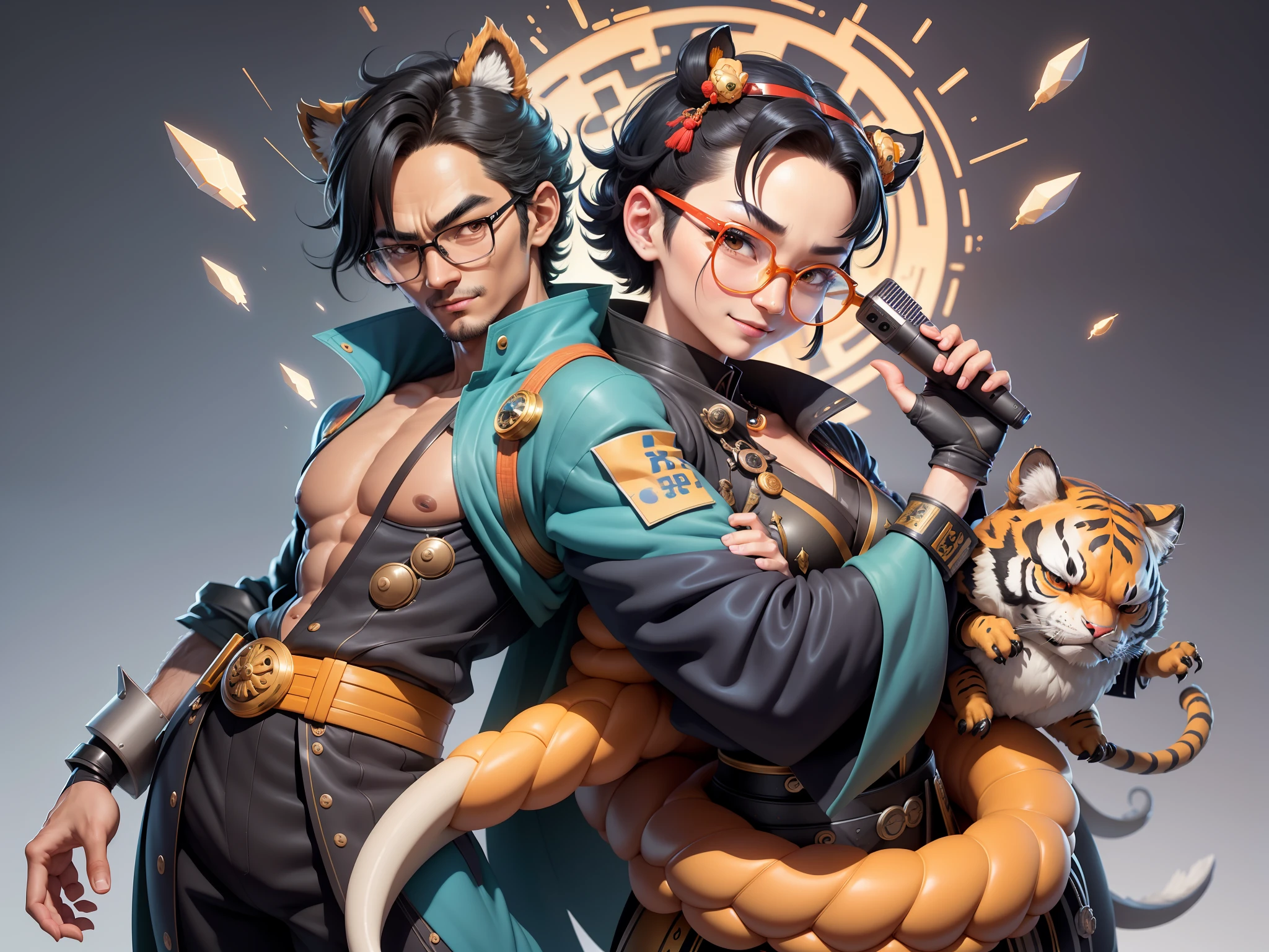 (Masterpiece), (Excellent), (Super Meticulous), (Full Body: 1.2), Super Young Man with Japanese Female Geisha, Pretty, Beautiful, Chinese Dragon, Tiger, Wind God Thor, Sexy, Bursting, Oriental Face, TV Anchor, Bust Portrait Illustration, Black Suit, Blue Tie, Slightly Chubby Face, Silver Glasses, Very Clean Face, No Beard on Chin, Black Super Short Hair, Black Eyes, Confident Smile, 3c Computer Sub-Products, iPad, iPhone, Digital Painting, 3D character design by Mark Clairedon and Pixar and Hayao Miyazaki and Akira Toriyama, the illustrations are HD illustrations in 4K resolution with highly detailed facial features and cartoon-style visuals.