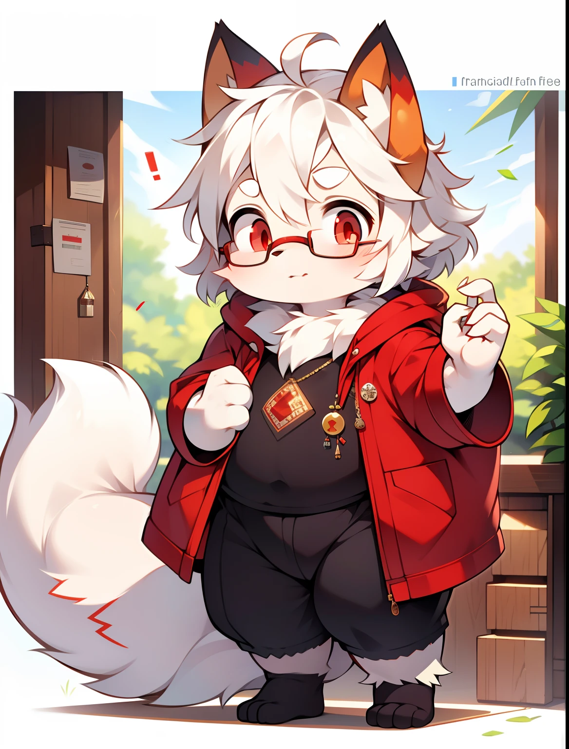 A male cat have colour dark brow fur with red eyes, wear glasses and white underwear