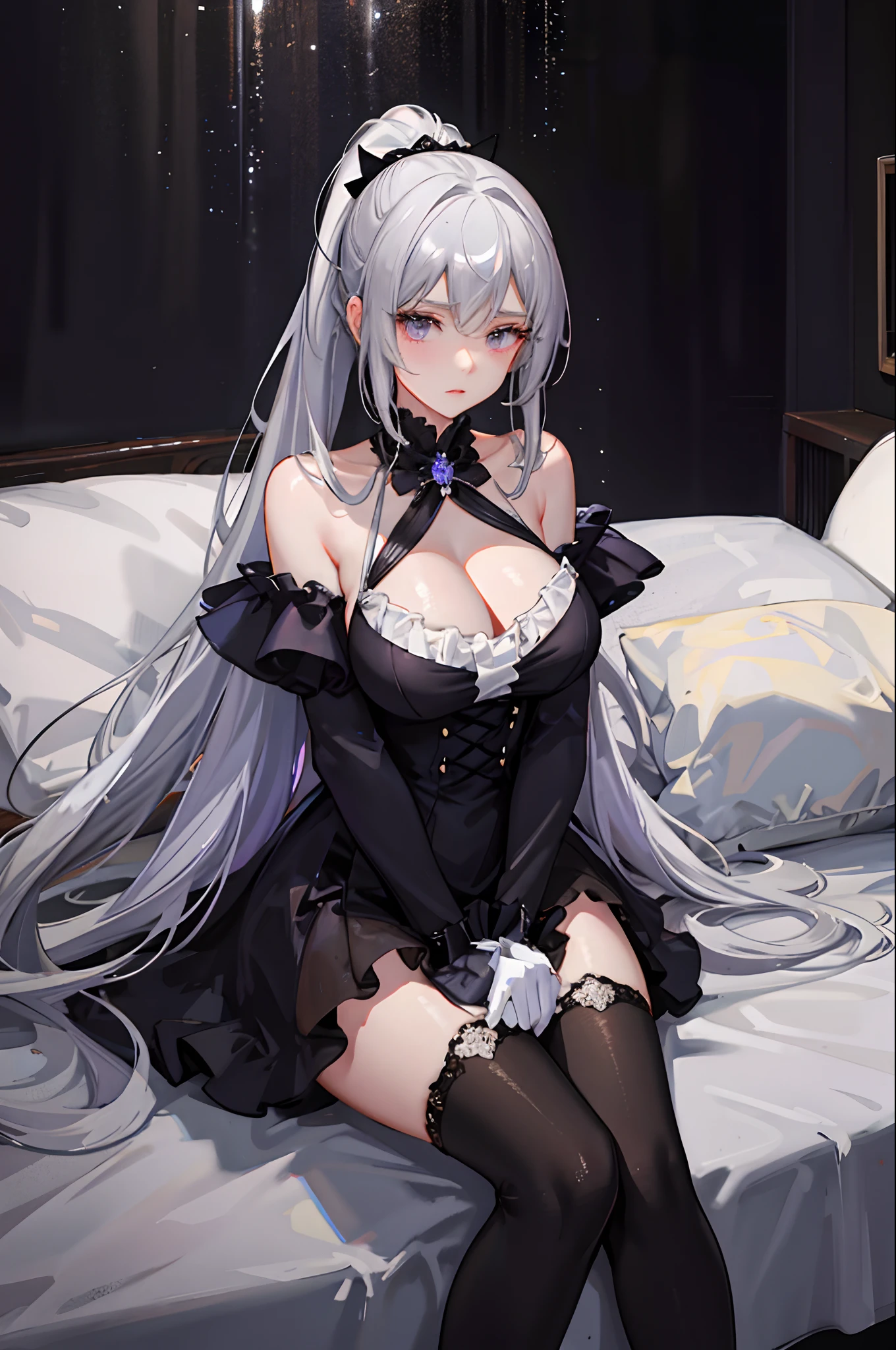 （（（1个Giant Breast Girl）），Ray traching，（dim murky lights），[detailedbackground（Bedrooms）），（（Silvery hair）），（（Silvery hair）），（（（（（Fluffy silver hair，plump and slender girl））Wears a high ponytail）））Avoid purple eyes in the ominous bedroom（（（（Girl wearing black high-waisted pants with pantyhose）White ruffled bow gloves），It shows a delicate and slender figure and beautiful curves，Correct limbs，sit on a bed，high-heels，Gorgeous silk dress