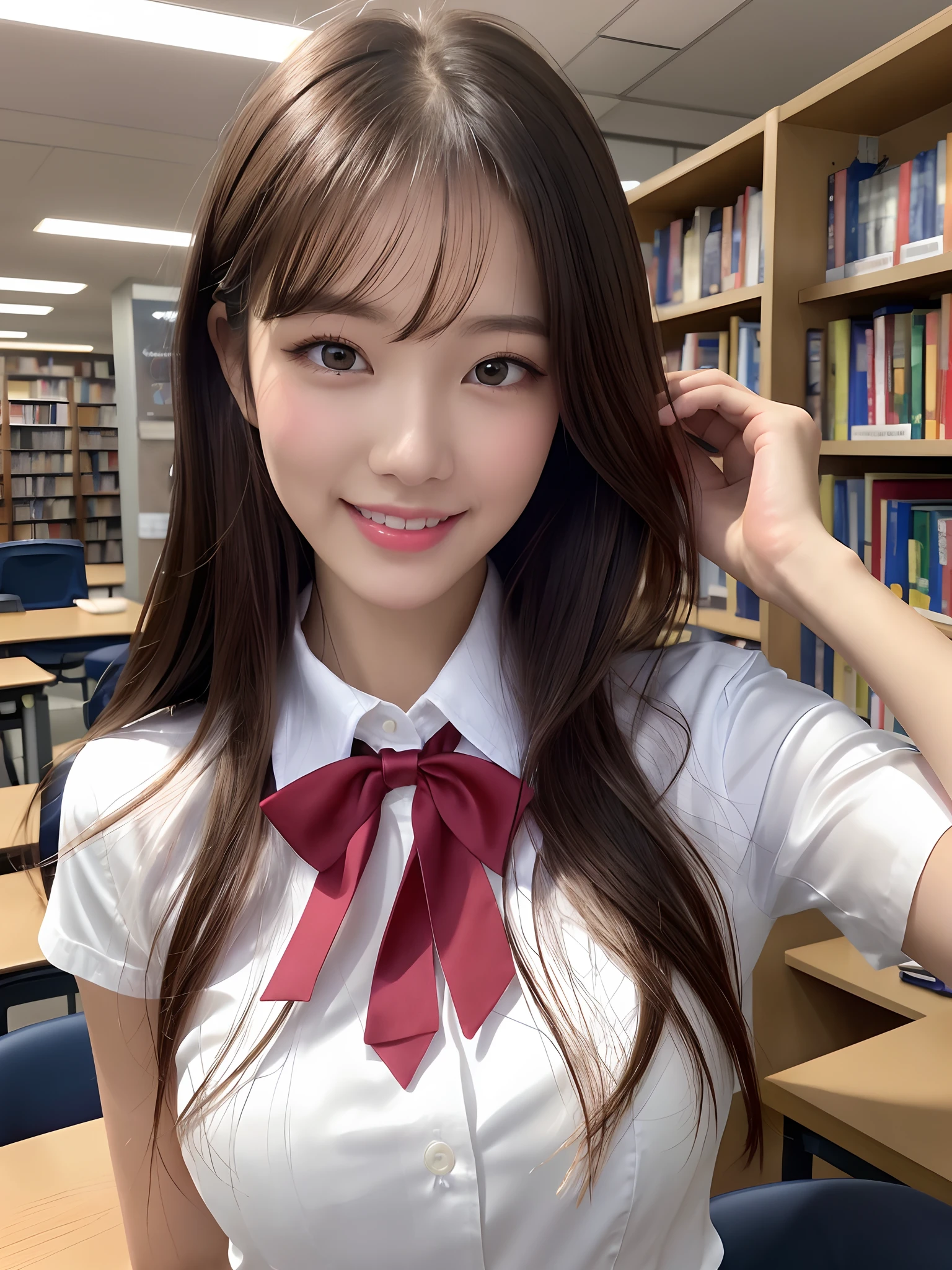 masutepiece, upperbody shot, Front view, 1 woman per 1 photo, a Japanese young pretty woman, hyper pretty face, 18 years old, studying at a desk in a library of school, A big smile, Glamorous figure, wearing a short sleeves shiny silky white collared shirt with shiny satin red plain bow tie, Glossy lips, Sweaty body, Double eyelids in both eyes, Natural makeup, long eyelashes, shiny smooth light brown hair of medium length, asymmetrical bangs, skin tanned, wearing a dark blue pleated skirt, central image, 8K resolution, high detailing, detailed hairstyle, A detailed face, spectacular movie lighting, Octane Rendering, Vibrant, A hyper-realistic, Perfect limbs, Perfect Anatomy