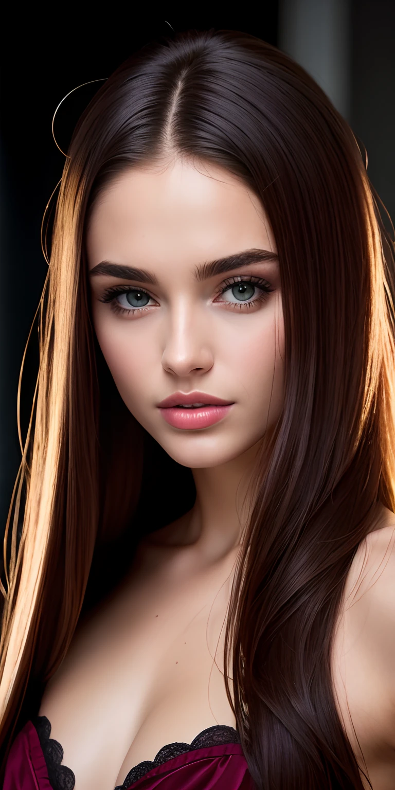 Portrait of a woman, European, attractive face, oval face, seductive eyes, slightly sad expression, long straight hair, frontal