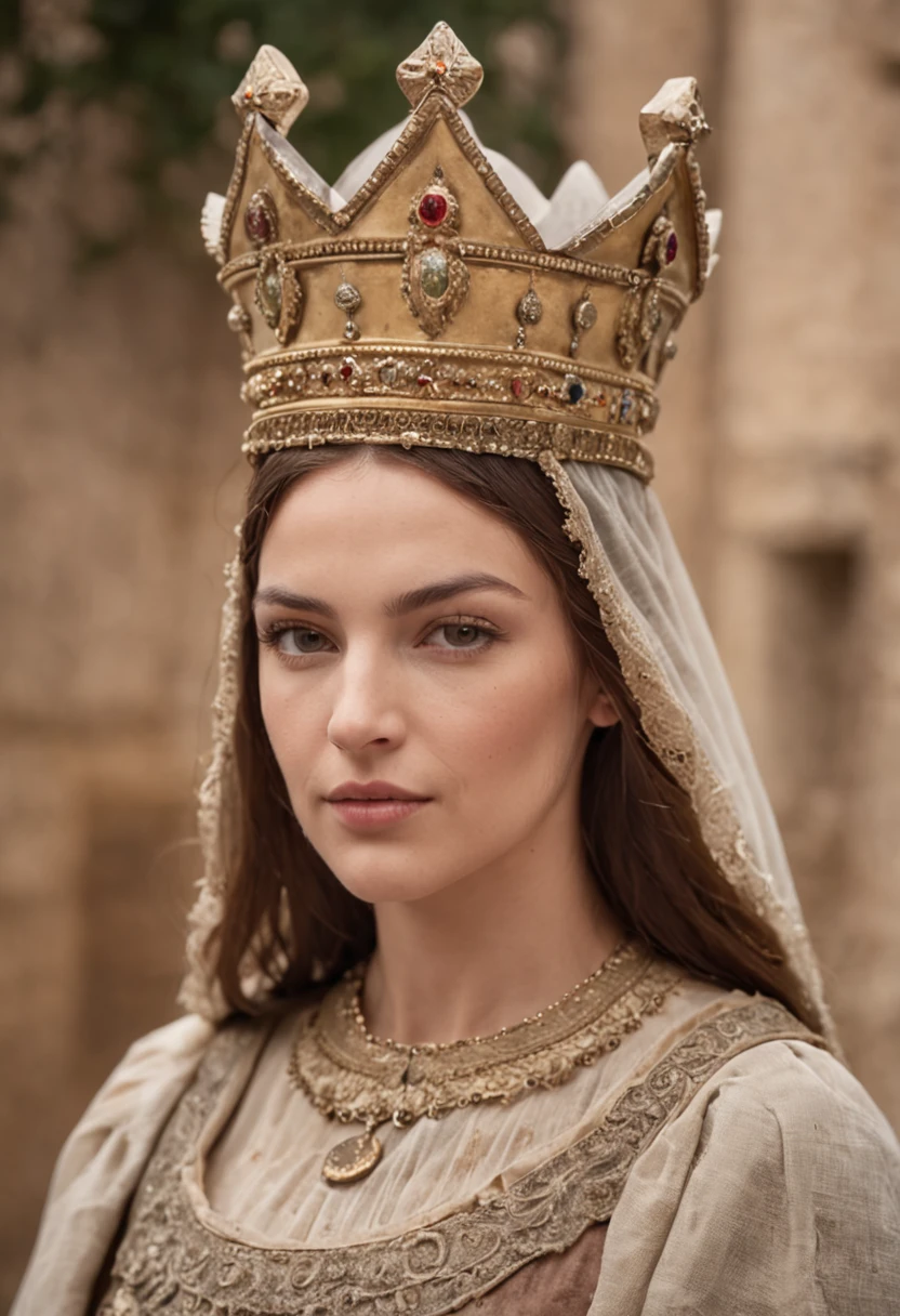 Old painting, vintage, Jerusalem city 1100 ad, crusader queen with crown, from back, ride horse, thousand crusader army, old painting landscape, ultra detailed, masterpiece, high quality