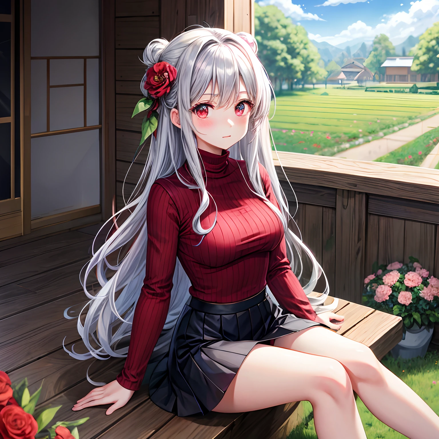 red blush、Wavy silver hair、red eyes、Beautiful girl alone、animesque、独奏、blue turtleneck、a miniskirt、flower field、lonely、sitting on