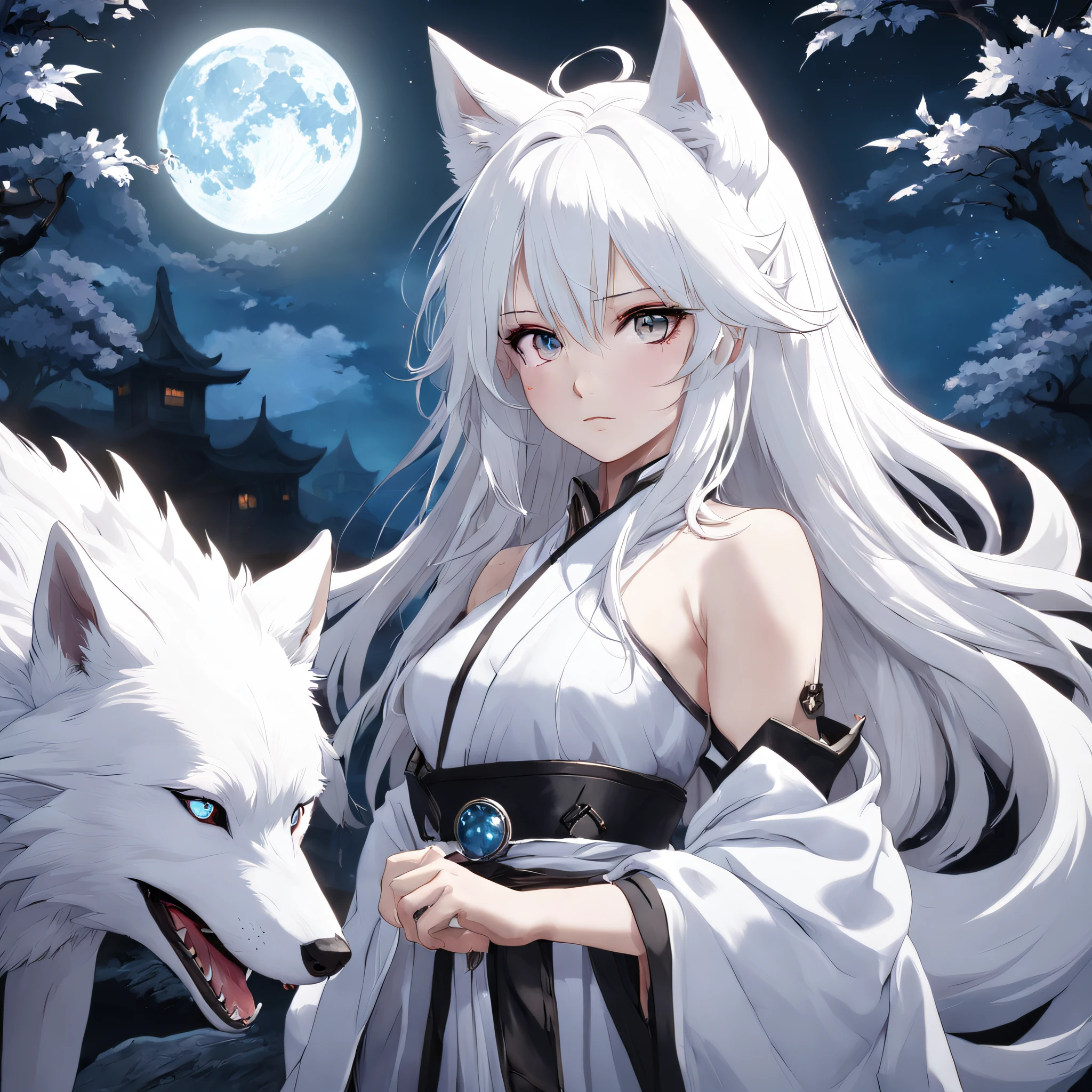 Anime character with white hair and white wolf before the full moon, by Yang J, fantasy fox love, White-haired fox, white fox anime, Anime fantasy illustration, White fox, art of silverfox,Best quality, Masterpiece, 超高分辨率, (photograph realistic:1.4), ultra-realistic realism, Dream-like,fusionart, Shadowdancer, shadow magic, darkness control, stealth, shadowstep, umbral spells,