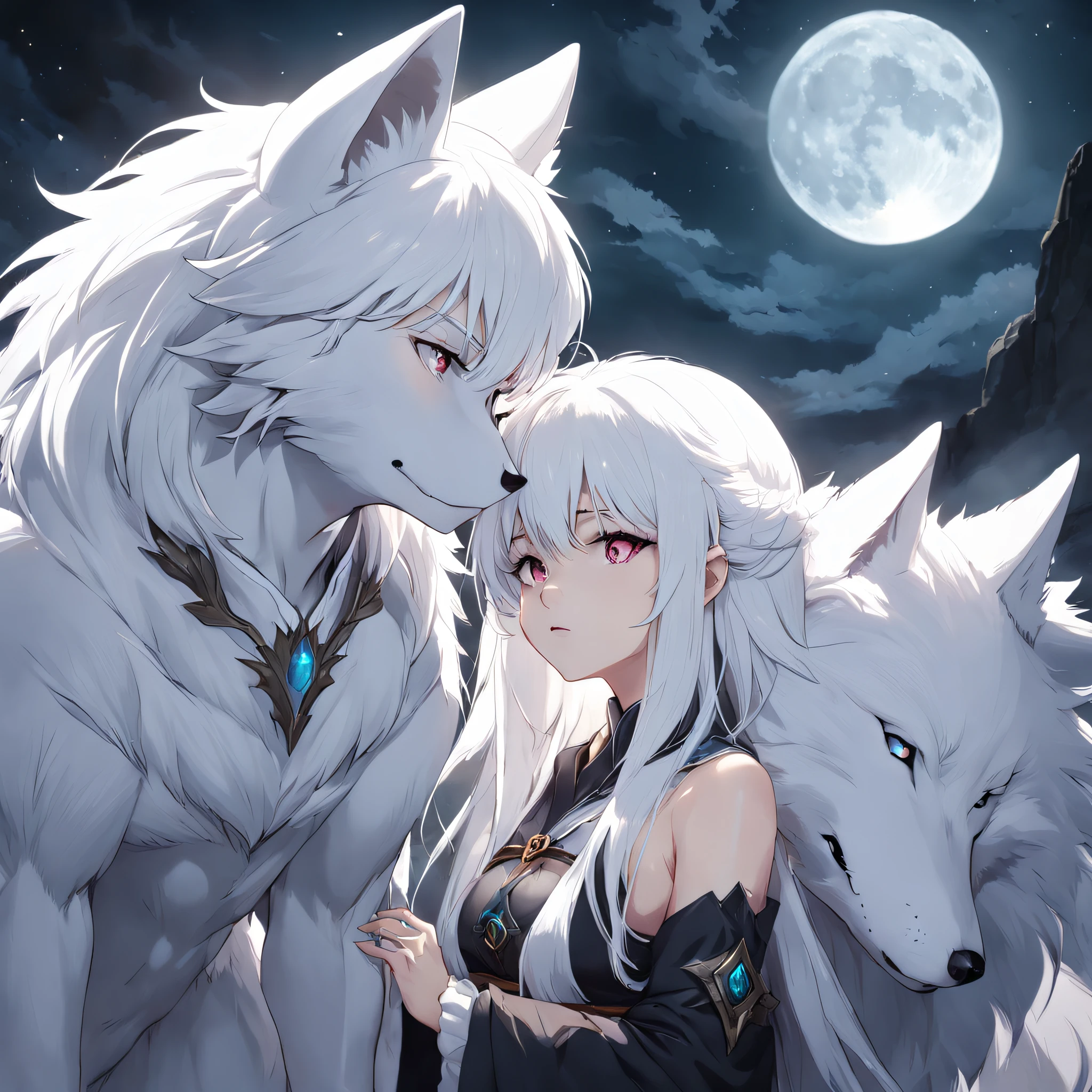 Anime character with white hair and white wolf before the full moon, by Yang J, fantasy fox love, White-haired fox, white fox anime, Anime fantasy illustration, White fox, art of silverfox,Best quality, Masterpiece, 超高分辨率, (photograph realistic:1.4), ultra-realistic realism, Dream-like,fusionart, Shadowdancer, shadow magic, darkness control, stealth, shadowstep, umbral spells,