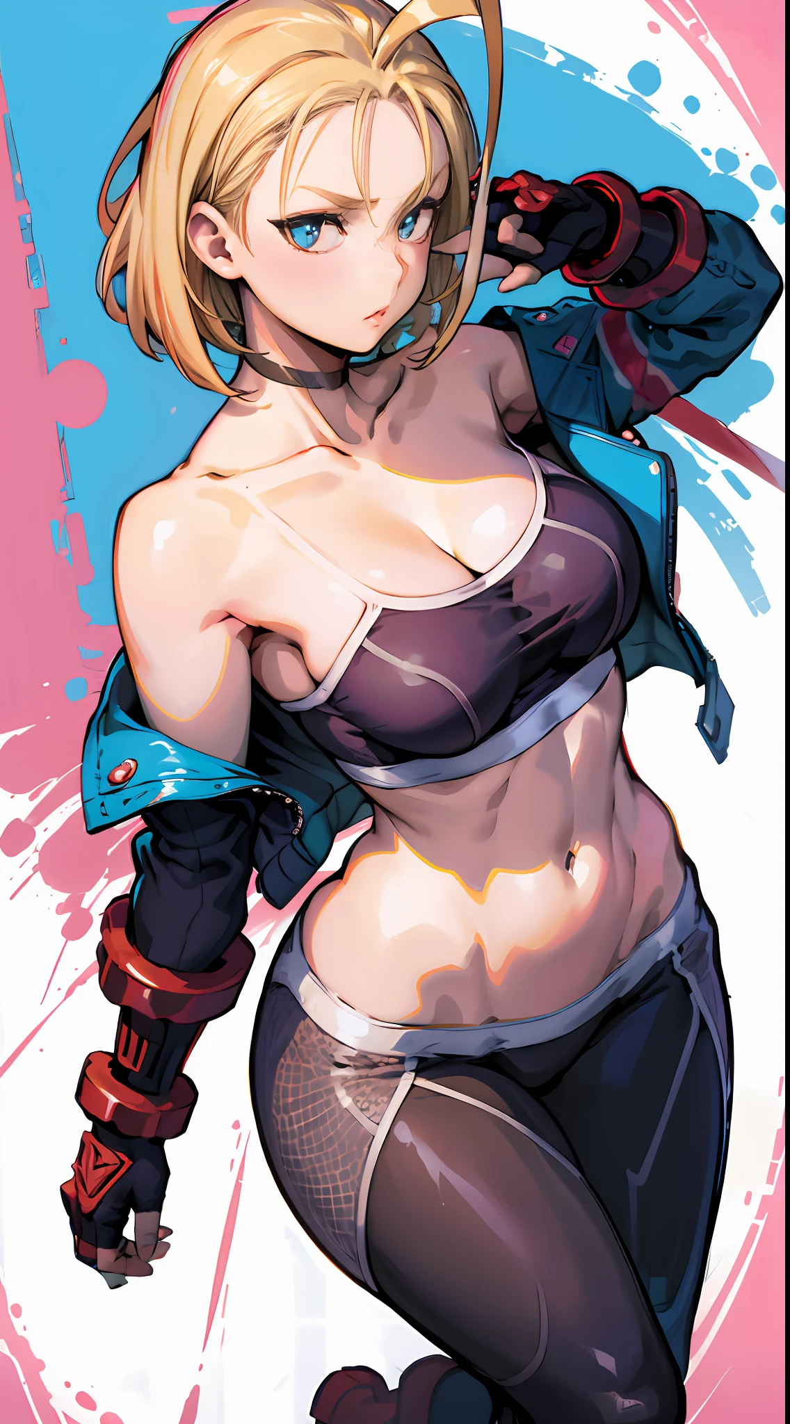(8K, 4K, best qualtiy, A high resolution, 超A high resolution:1.1), (tmasterpiece, realisticlying, photo-realistic:1.1), cammy white, Street Fighter 61 girl, the face, closeup cleavage, double tails, blond hairbl, 黑The eye, Redlip, (looking at viewert:2), Medium hair, long eyelasher, shadowing, petty face, largeeyes, exposed bare shoulders, hight contrast,Large breasts