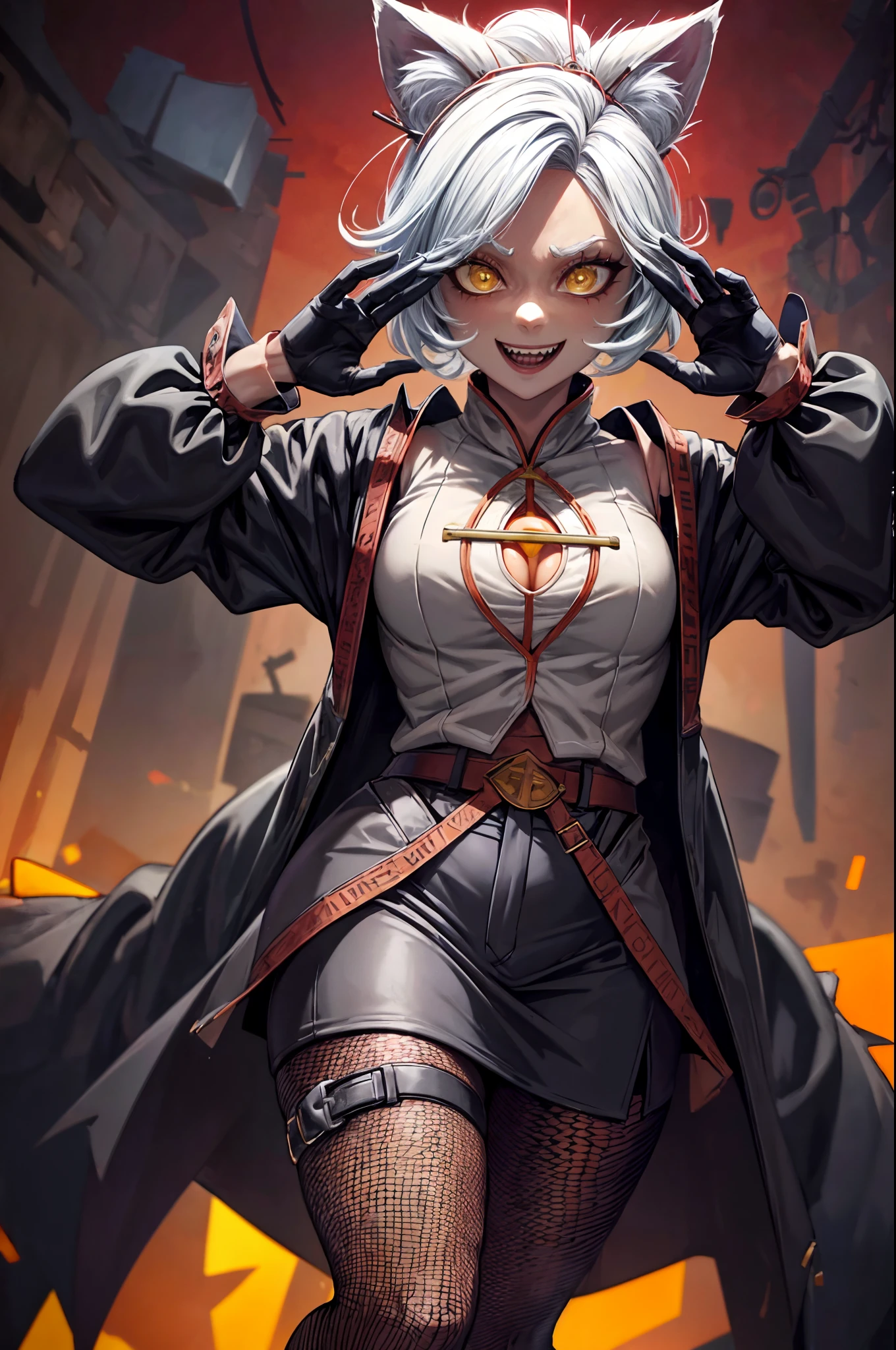 purah, glowing yellow eyes, grinning, sharp teeth, red fox ears, in a dark evil laboratory, thunder crackling, lightning, wearing black mad scientist coat, short black skirt, black fishnet leggings, black stiletto boots, Jojo pose, high quality, good anatomy, sharp focus, detailed eyes, perfect hands, electricity in background, mechanical implants in body