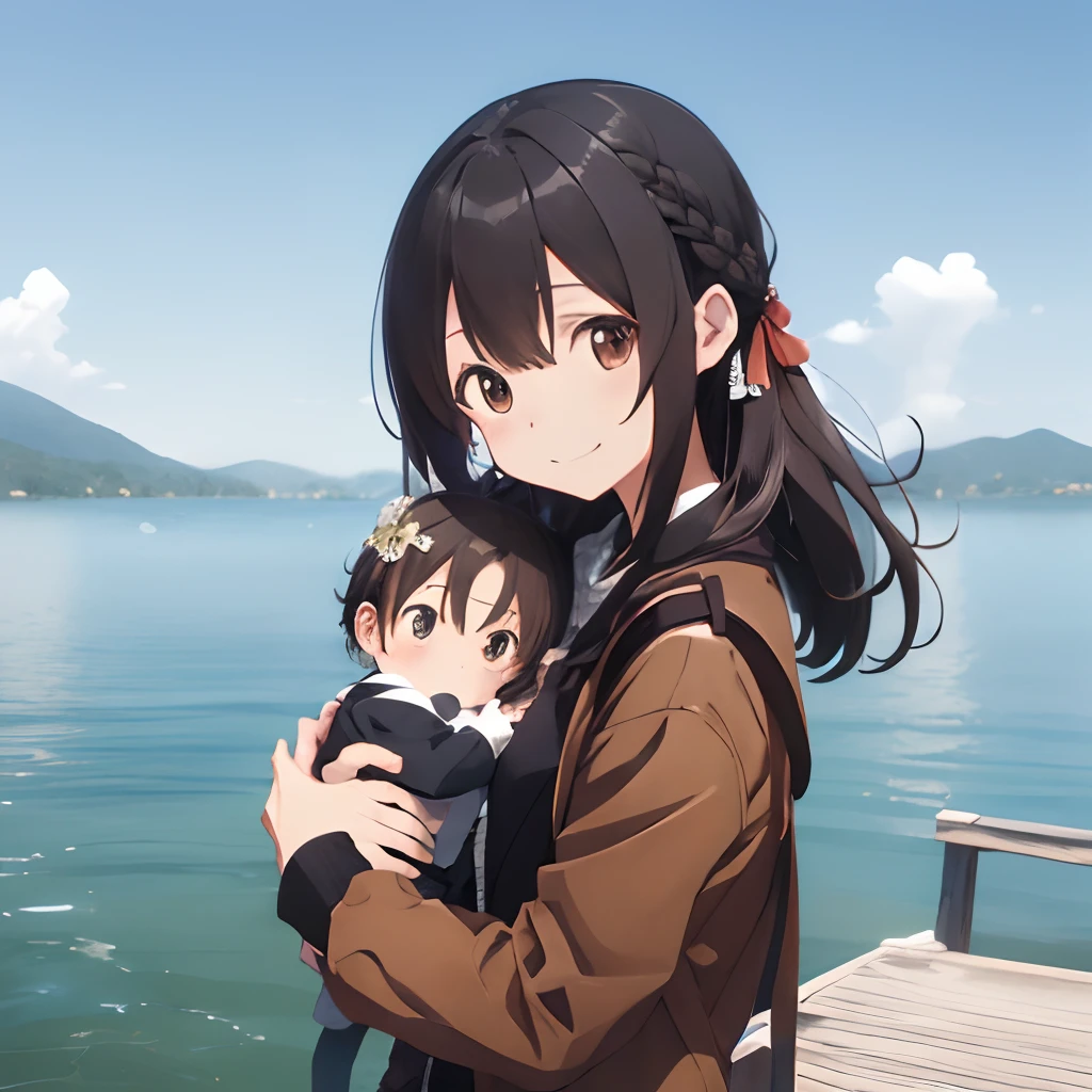 (masutepiece, Best Quality, Capture super cute moments, depth of fields, ultra-detailliert, Ultra High Resolution, C4D, Octadale, 3D Modeling, 8K, one girls、25-years old、A dark-haired、straight haired、Light brown eyes,hair adornments、Brown outerwear、Black pants、(ssmile)、(Holding a baby)、(Being on a big lake)、