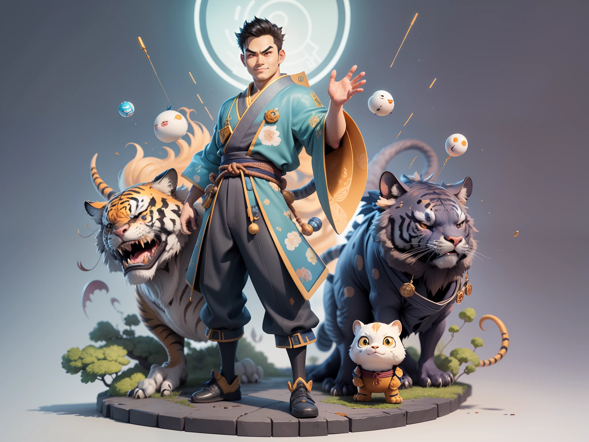 (Masterpiece), (Excellent), (Super Meticulous), (Full Body: 1.2), Super Young Man, Oriental Face, Japanese Kimono, Japanese Wind Thunder God, Dragon, Tiger, TV Anchor, Bust Portrait Illustration, Alone, Black Suit, Blue Tie, Slightly Chubby Face, Very Clean Face, No Beard, Black Super Short Hair, Black Eyes, Confident Smile, 3c Computer Sub-Products, iPad, iPhone, Digital Painting, 3D Character Design by Akira Toriyama and Mark Claireden and Pixar and Hayao Miyazaki, The illustration is a high-definition illustration in 4K resolution with very detailed facial features and cartoon-style visuals.