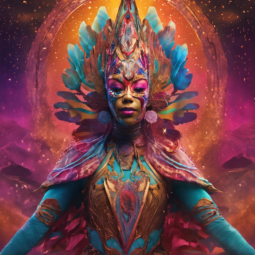 Colorful masterpiece illustration, hyper-realistic, Astral woman cirque made of dusts, cirque du soleil, dynamic pose, enthusiast,energic, wearing intricated adorned mask, jewelled, feathers, delicated and intricated costume, coloured dust, epic shapes, glittering,magic, colorful dust and desert background, upper body,ros tran, robby dwi antono, greg rutkowski, high detailed, high_res