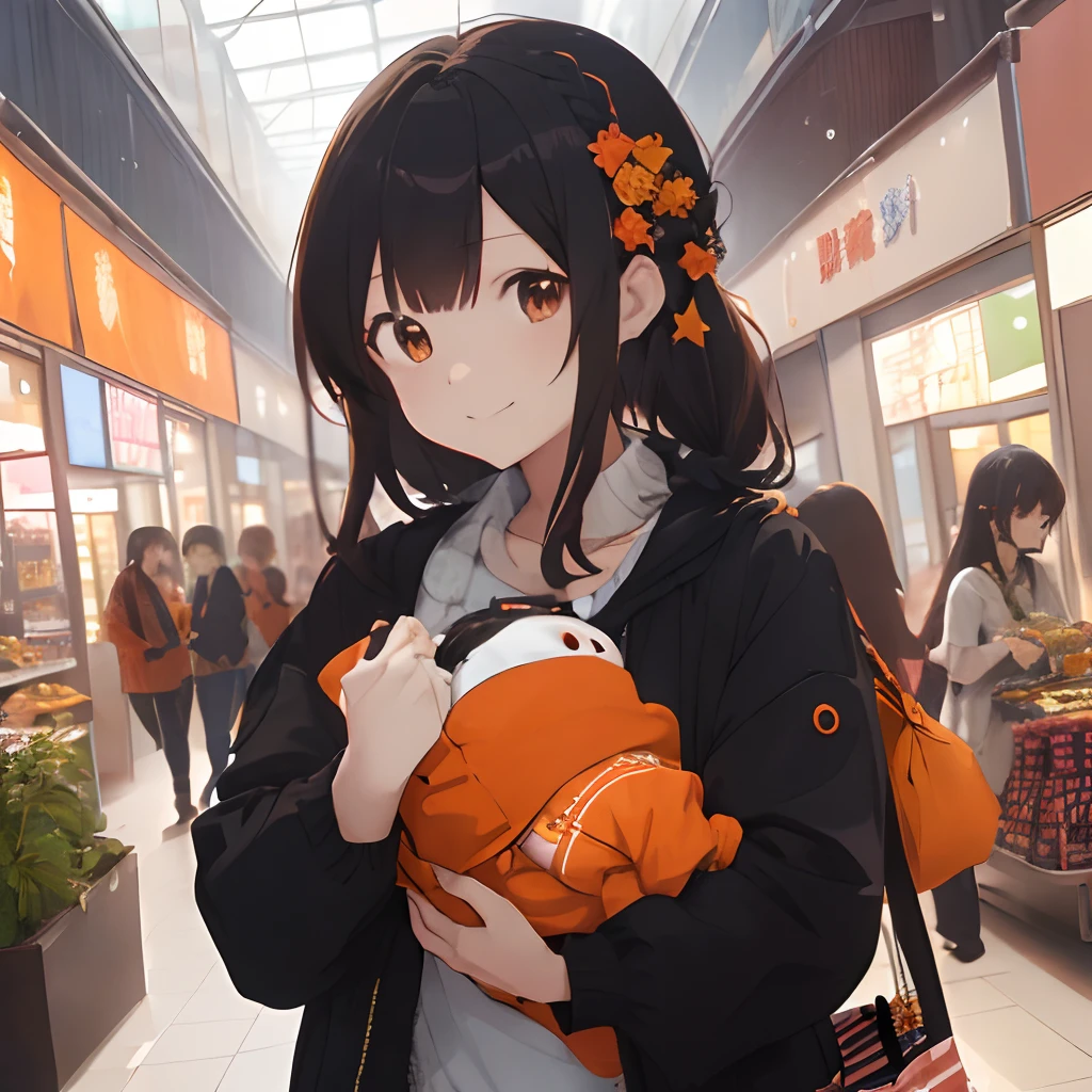(masutepiece, Best Quality, Capture super cute moments, depth of fields, ultra-detailliert, Ultra High Resolution, C4D, Octadale, 3D Modeling, 8K, one girls、25-years old、A dark-haired、straight haired、Light brown eyes,hair adornments、Orange outerwear、Black pants、(ssmile)、(Holding a )、(Shopping Center、Being in the food court)、