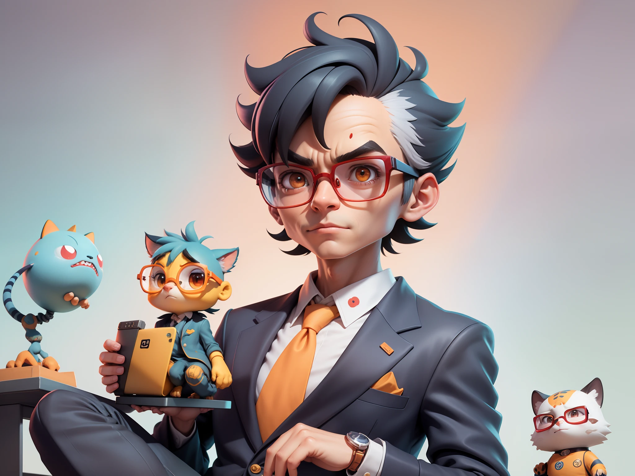 A young man in a suit, Short hair and glasses sat at his desk，holding laptop，digitial painting，tigre，3D character design by Mark Clairen and Pixar and Hayao Miyazaki and Akira Toriyama，4K HD illustration，Very detailed facial features and cartoon-style visuals。