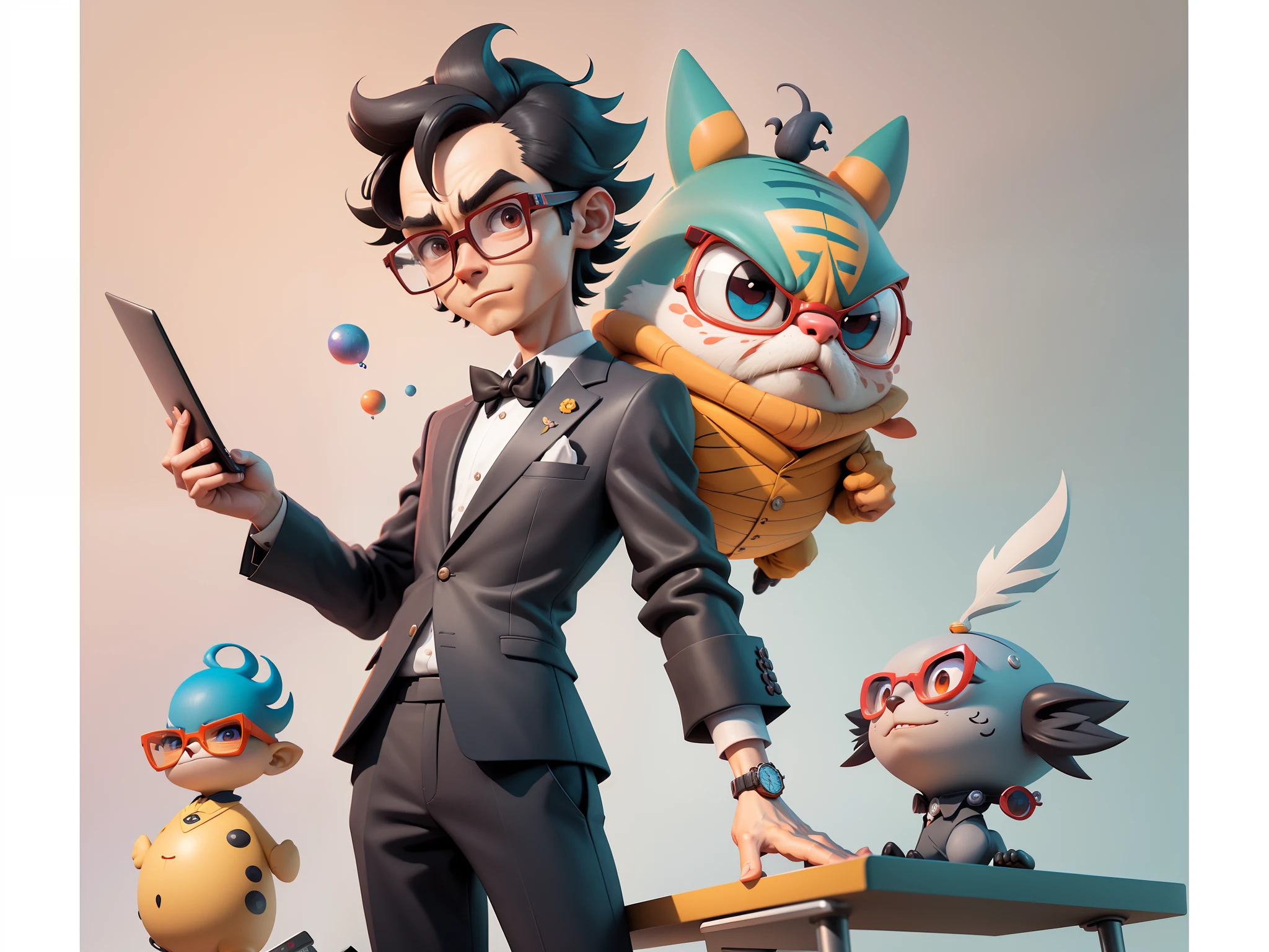 Young man with oriental face in leather hat, tiger, oriental face in formal suit, short black hair, silver glasses, digital painting, 3D character design by Mark Clairedon and Pixar and Hayao Miyazaki and Akira Toriyama, the illustration is a high-definition illustration in 4K resolution with very detailed facial features and cartoon-style visuals.