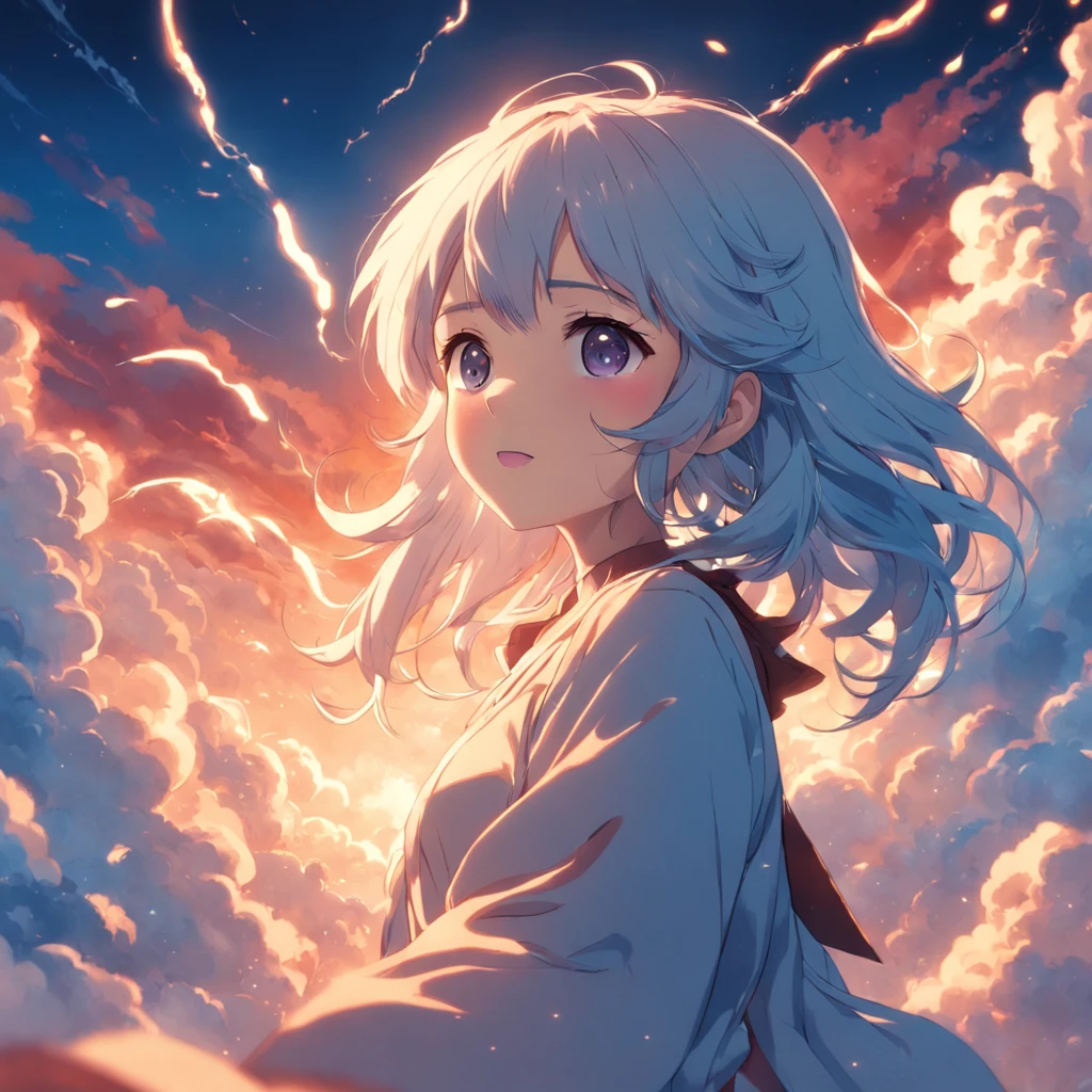 masterpiece, best quality, movie still, 1girl, cloud girl, floating in the sky, close-up, bright, happy, warm soft lighting, sunset, (sparks:0.7)