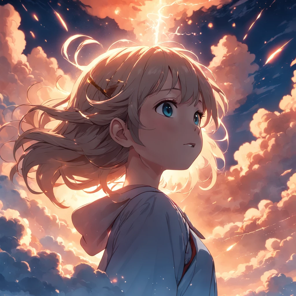 masterpiece, best quality, movie still, 1girl, cloud girl, floating in the sky, close-up, bright, happy, warm soft lighting, sunset, (sparks:0.7)