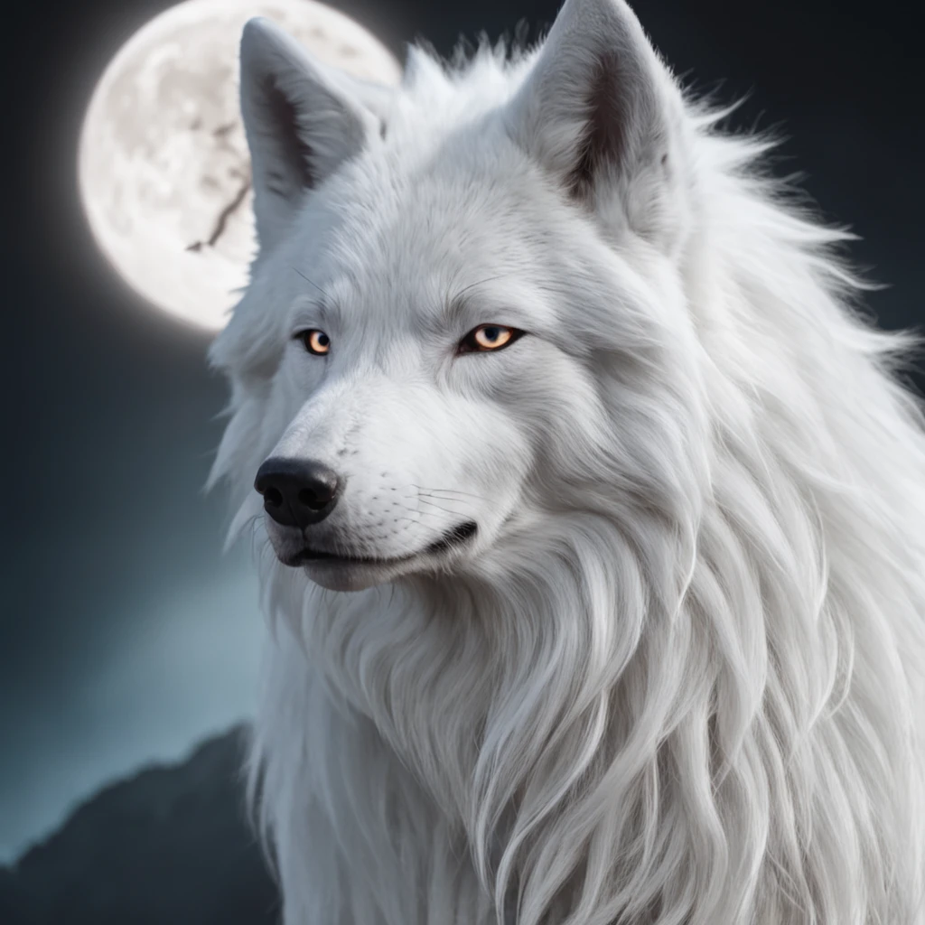 Anime character with white hair and white wolf before the full moon, fantasy fox love, White-haired fox, white fox anime, Anime fantasy illustration, White fox, art of silverfox,Best quality, Masterpiece, 超高分辨率, (photograph realistic:1.4), ultra-realistic realism, Dream-like,fusionart, Shadowdancer, shadow magic, darkness control, stealth, shadowstep, umbral spells,
