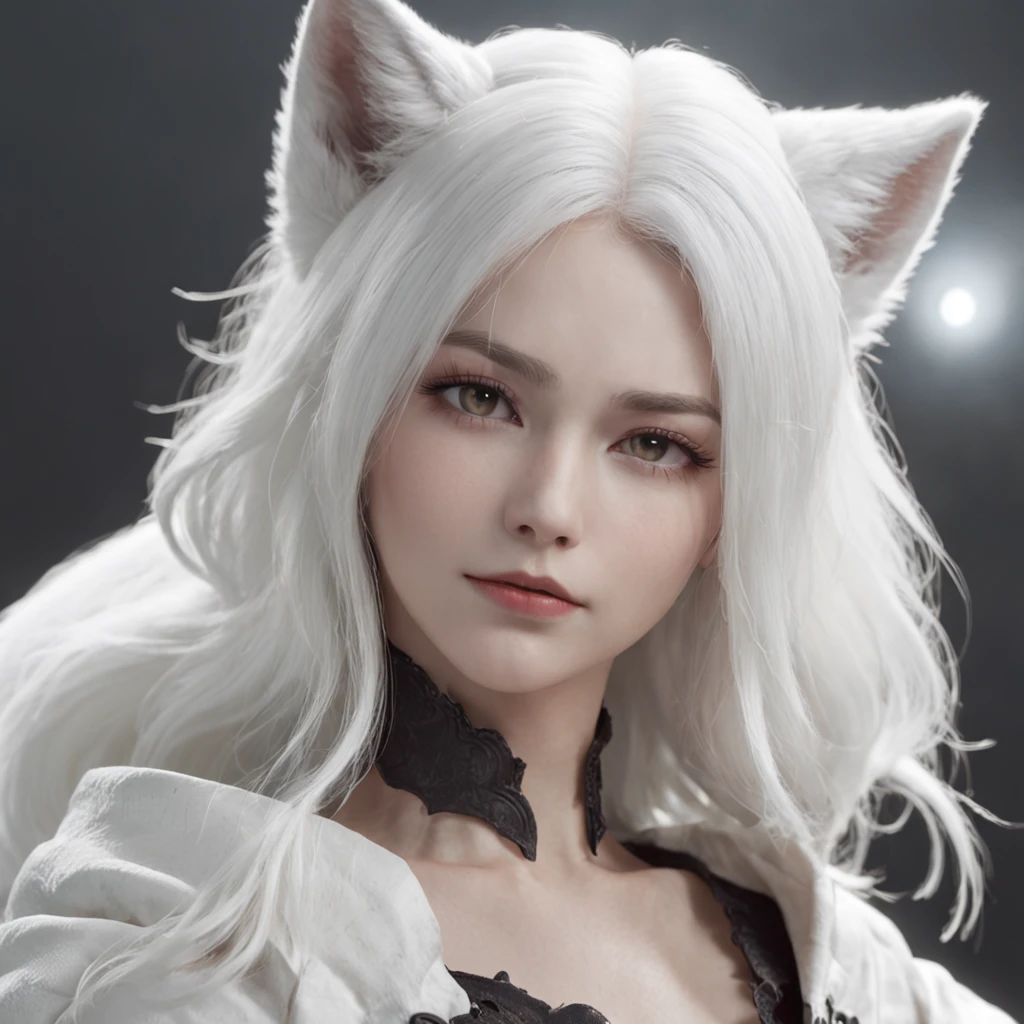 Anime character with white hair and white wolf before the full moon, fantasy fox love, White-haired fox, white fox anime, Anime fantasy illustration, White fox, art of silverfox,Best quality, Masterpiece, 超高分辨率, (photograph realistic:1.4), ultra-realistic realism, Dream-like,fusionart, Shadowdancer, shadow magic, darkness control, stealth, shadowstep, umbral spells,