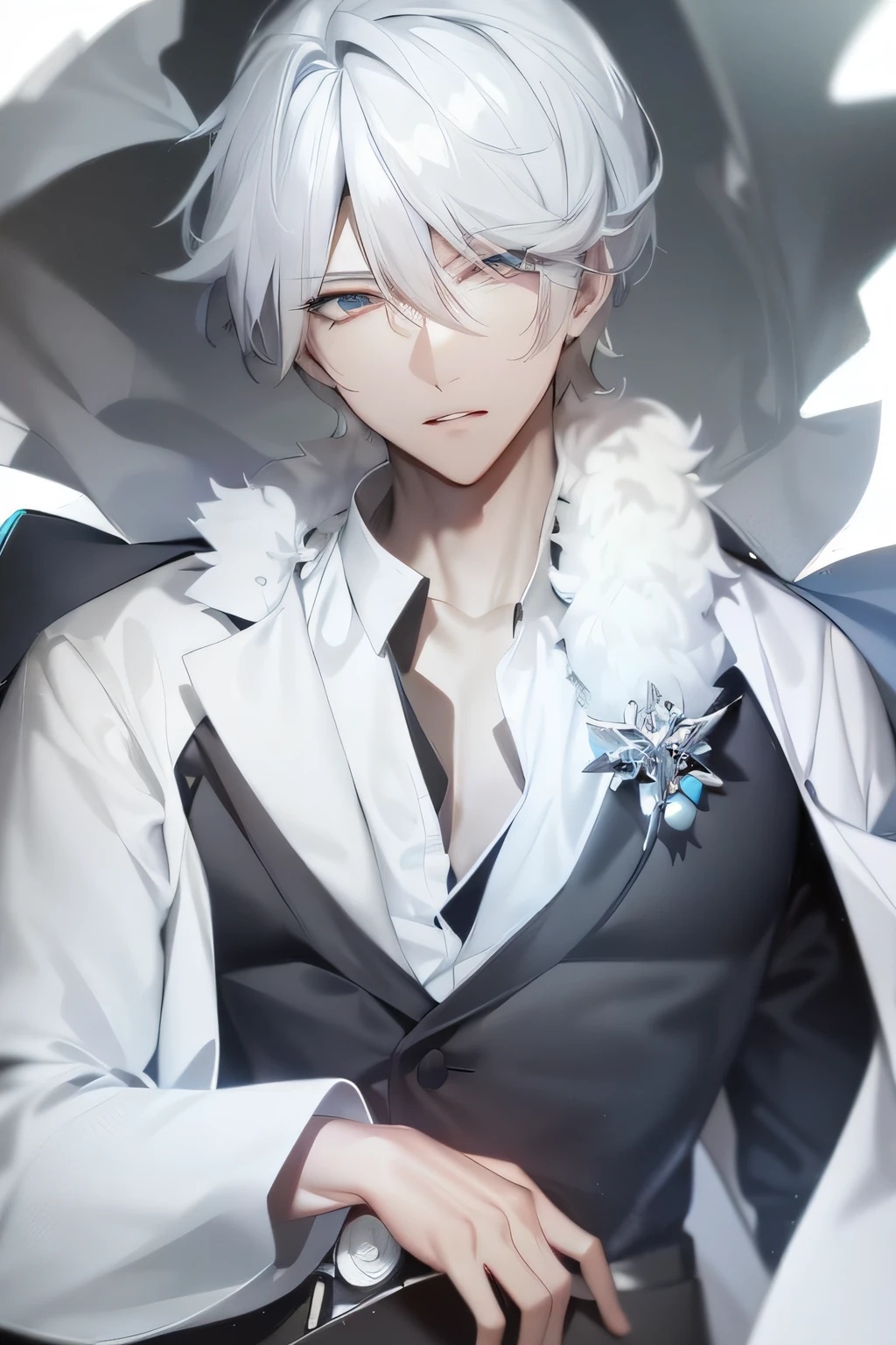 White-haired anime person, Black suit, and white-collar workers, Tall anime guy with blue eyes, male anime character, white haired Cangcang, White-haired, nagito komaeda, Male anime style, ((wearing aristocrat robe)), Anime handsome man, White-haired god, a silver haired mad, hajime yatate, White-haired fox, silver eyes full body,Shyness and light makeup,Shy and arrogant eyes,green pupills